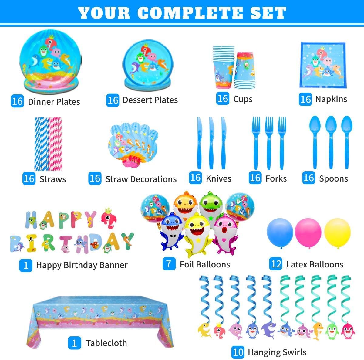 Shark Birthday Decorations, Ocean Theme Party Supplies for 16 Guests, Party Plates and Napkins Set, Tableware, Hanging Swirls, Balloons, Banner, 198pcs - Image 6