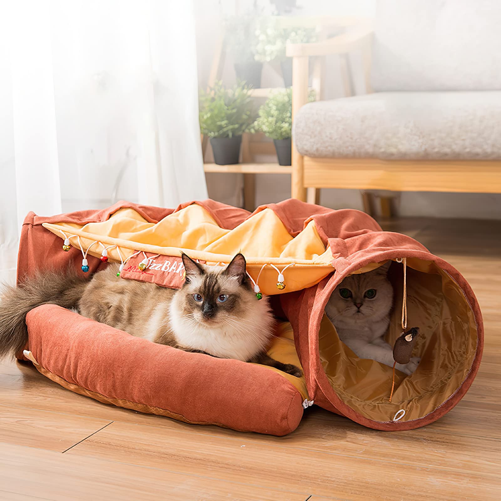 Galatée Katzenbett, Katzentunnel Mit Kissenmatte, Haustierhöhlenbett Mit 2 Hängenden Kratzbällen, Weiches Und Gemütliches Katzentunnelbett, Katzentunnel Für Indoor-Katzen(Hellgrün)