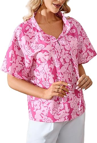 Women Summer Floral Shirts Short Sleeve Ruffle Collar Blouse Button Up V Neck Li