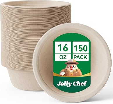 JOLLY CHEF Compostable Disposable Paper Bowls [16 oz] Heavy Duty Soup Uncoated Containers [150 Pack] Biodegradable Bagasse Hot Cold Eco-Friendly Natural Sugarcane Microwavable for Dessert Christmas