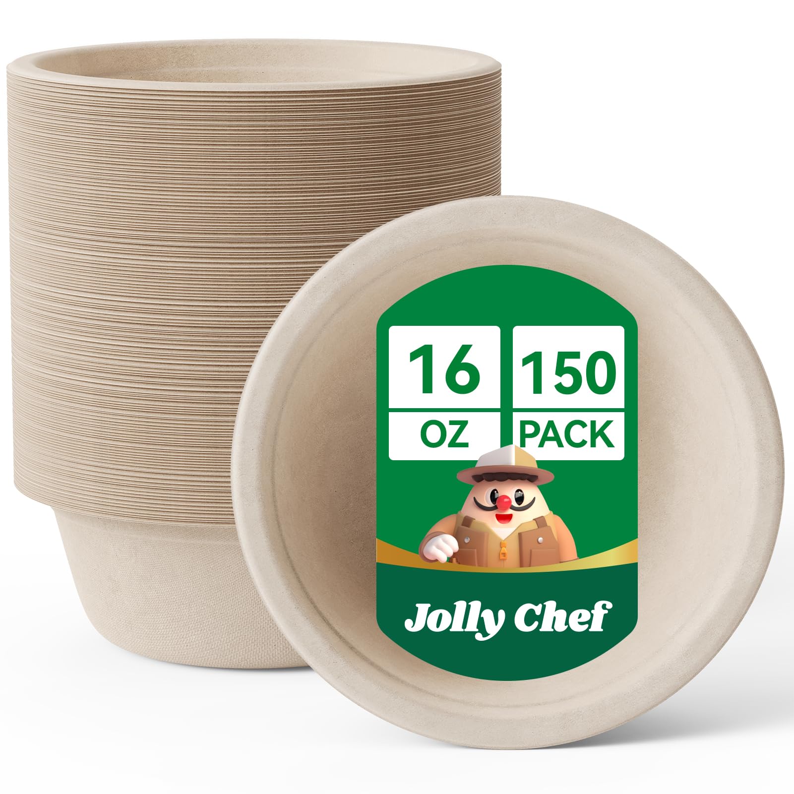 JOLLY CHEF Tazón de papel desechable compostable [16 onzas] recipientes de sopa resistentes [paquete de 150] Bagazo biodegradable, caliente y frío, ecológico, natural, caña de azúcar para microondas