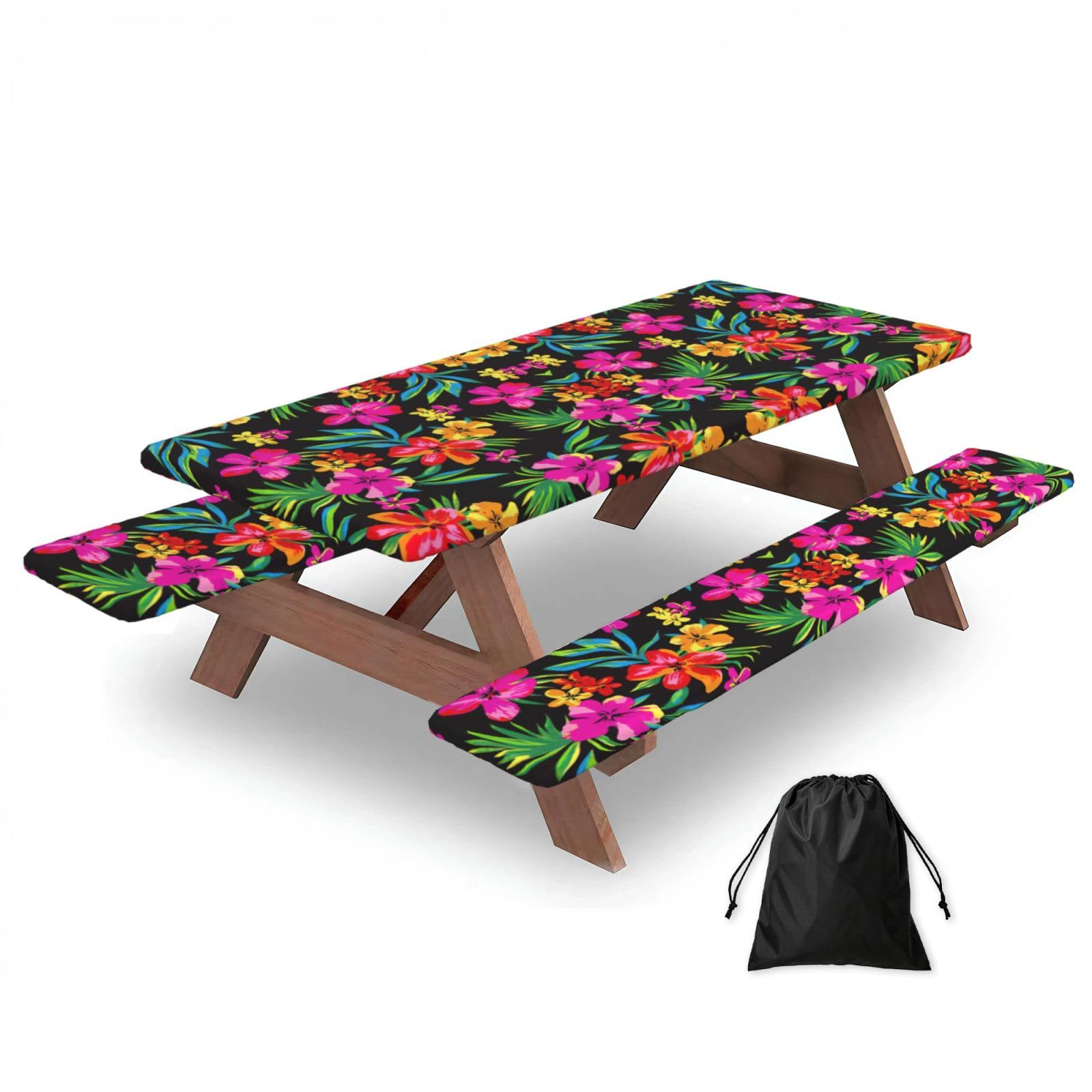 Zyjhyy Black Hawaiian Colorful Flower Print Party Table Covers With Bench Covers Set Of 3 Picnic Table Cloth Wipe Clean For Garden Camping