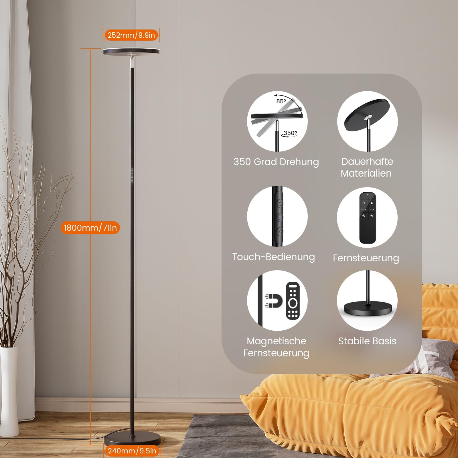 Torkase Lámpara de Pie LED Regulable de 36 W, Lamparas de Pie Para Salon Superbrillante de 3000 LM Para Sala de Estar, Atenuación Continua de 2700K-6500K, Control Remoto y Control Táctil