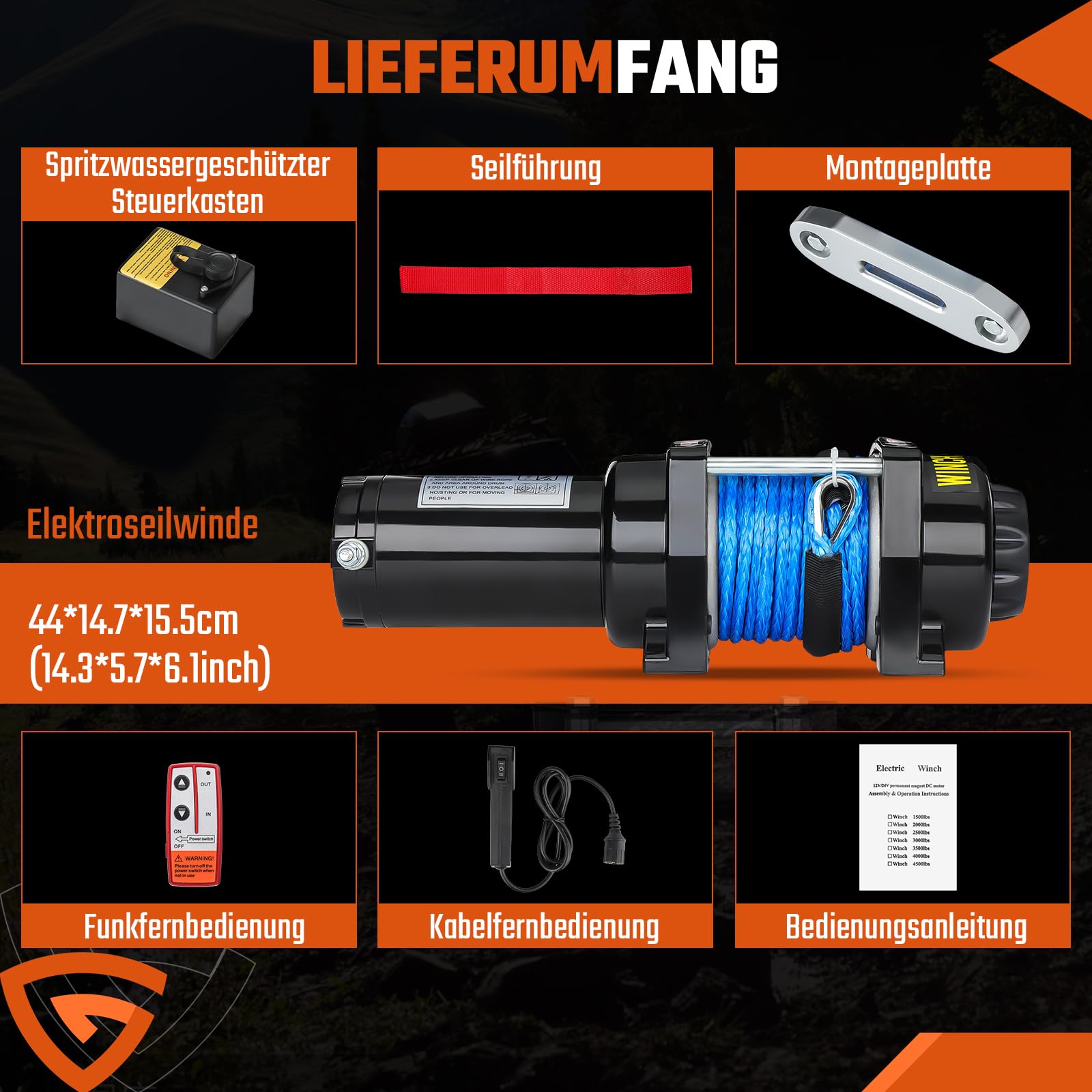 Elektrische seilwinde 12V 2041kg / 4500lbs, Motorwinde Seilzug Elektrowinde 1,4kW Motor, mit Dyneema-Seil, Funk & Kabel Fernbedienung, Wasserdicht, Seilfenster, für UTV, SUV, Boot, Anhänger