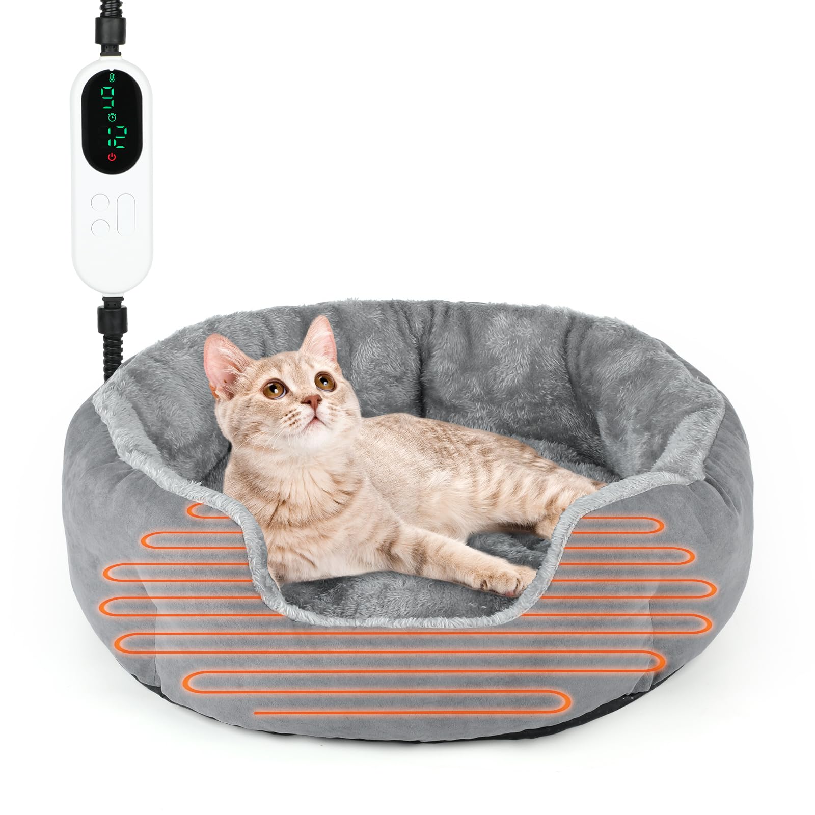 Beheiztes Katzenbett für den Innenbereich, 47 cm, weiches beheiztes Haustierbett für Indoor-Katzen mit Timer und Temperatur einstellbar, wärmendes Katzenbett, Heizkissen für Indoor-Katzen,