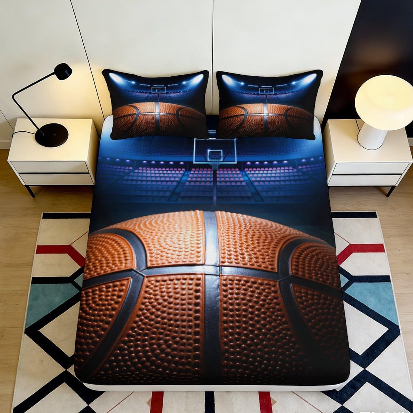 3D Printed Basketball Court Fitted Sheet Microfiber Soft Anti-Slip Basketball Hoop Bed Cover for Bedroom Dorm Decor 90x200x25cm
