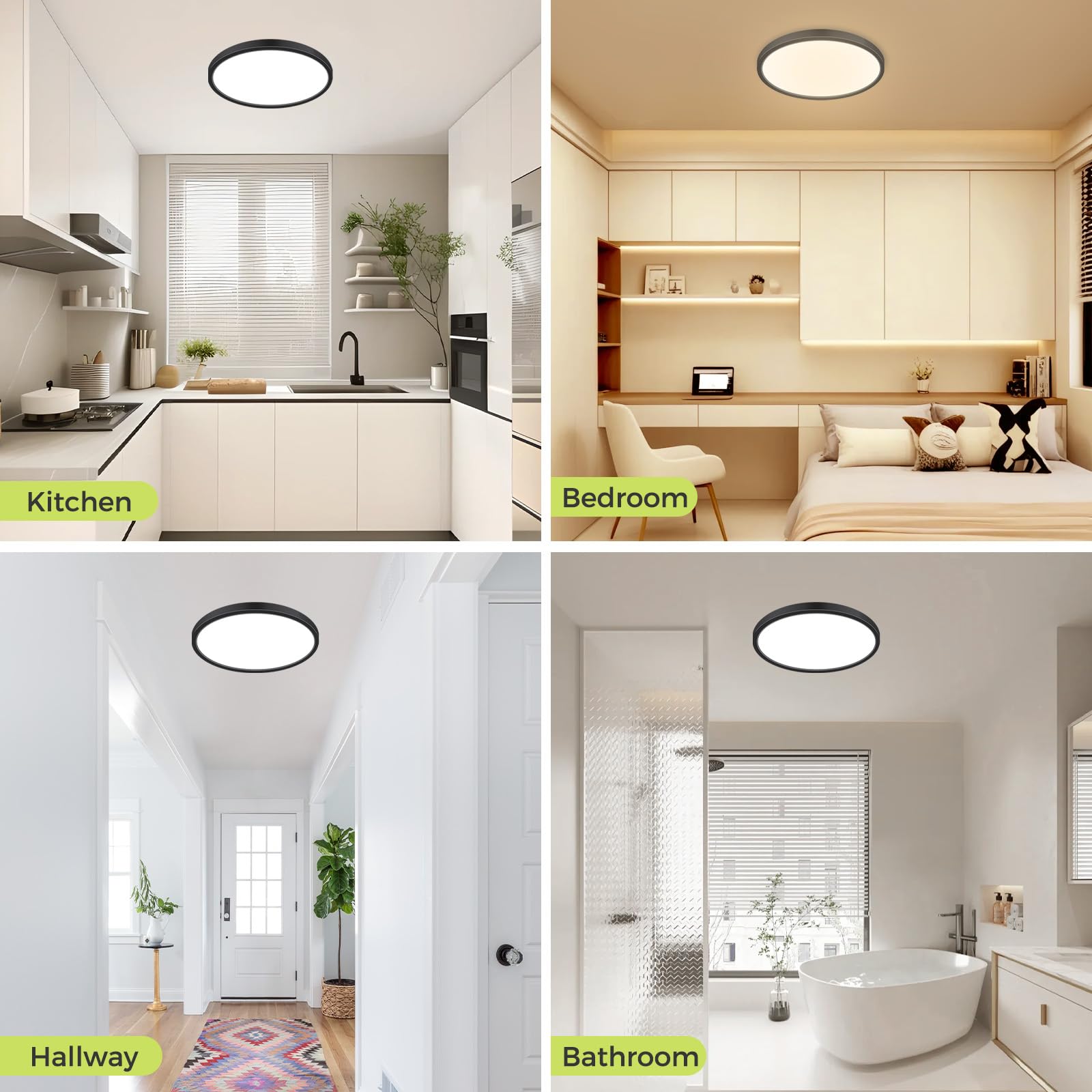 hepside Lot de 2 Plafonnier LED, 3 couleurs - 3000K/4000K/6500K, 29cm IP44 Etanche Lampe plafond,Moderne, Rond, Lampe Salle de Bain Plafond pour Salon,Chambre,Chambre d'enfant,Cuisine,Couloir,Noir