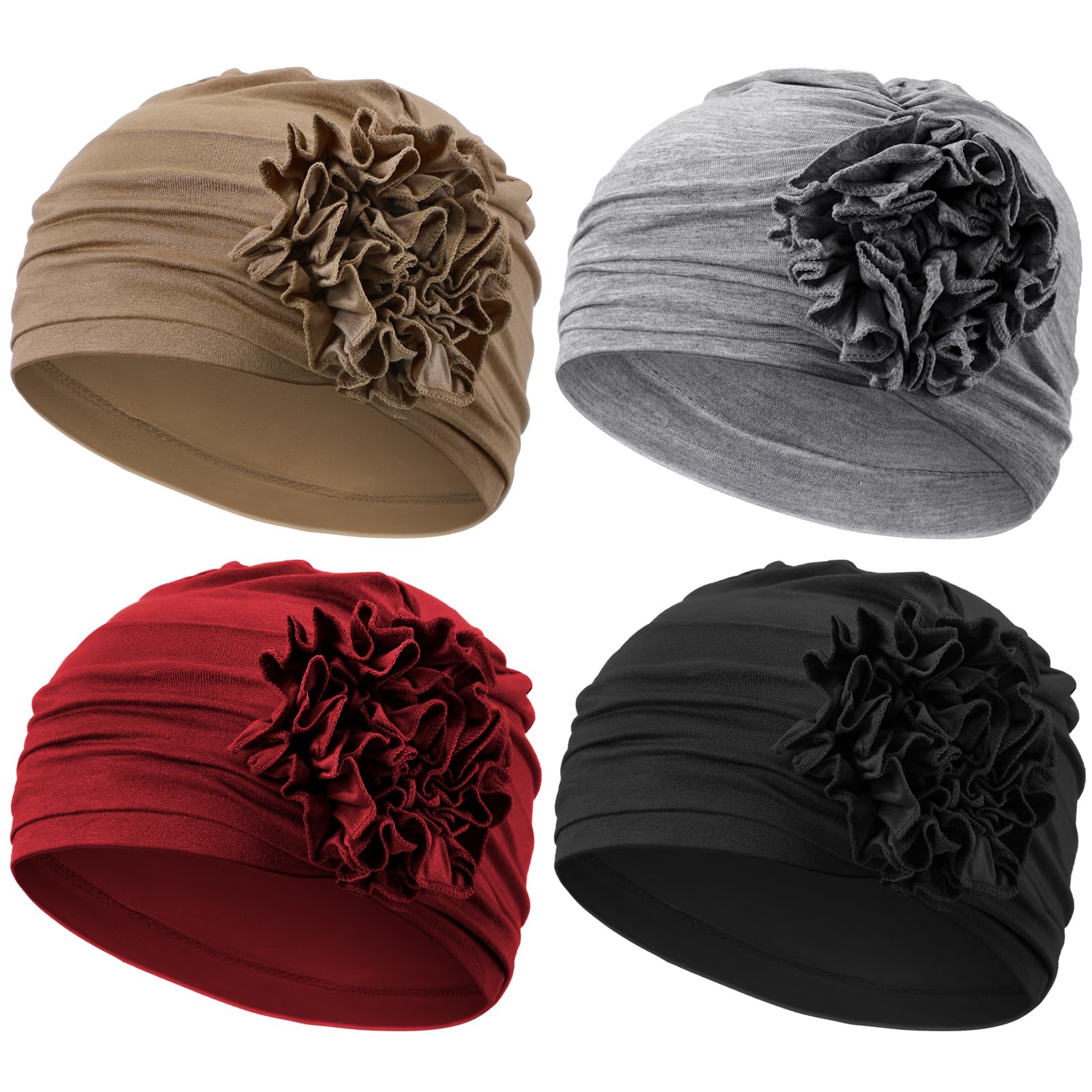 Geyoga 4 Pcs Chemo Turban Headwear for Women Soft Slouchy Cancer Headwear Elastic Sleep Cap with Flower Design