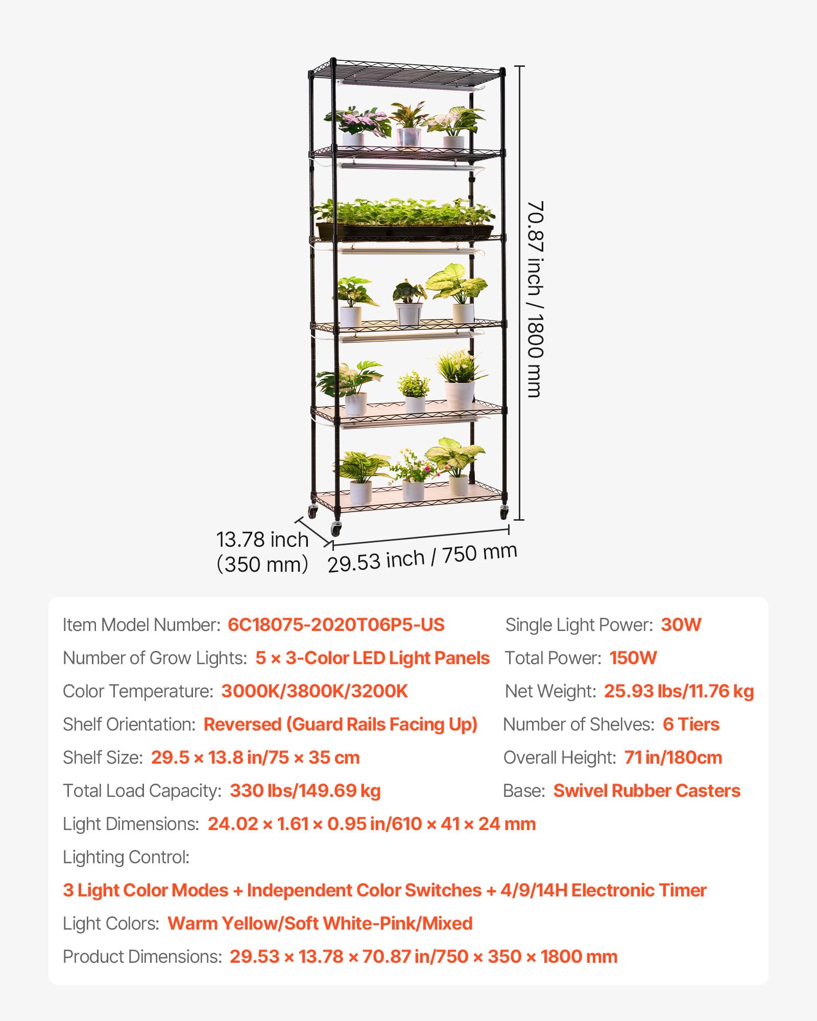 VEVOR Pflanzenregal mit Wachstumslicht, 6-stufiger Pflanzenständer mit Rädern und 4/9/14-Stunden-Timer, 150 W 3-Farben-Vollspektrum-Lichter, Blumenregal für die Samenanzucht, 75x35x180 cm