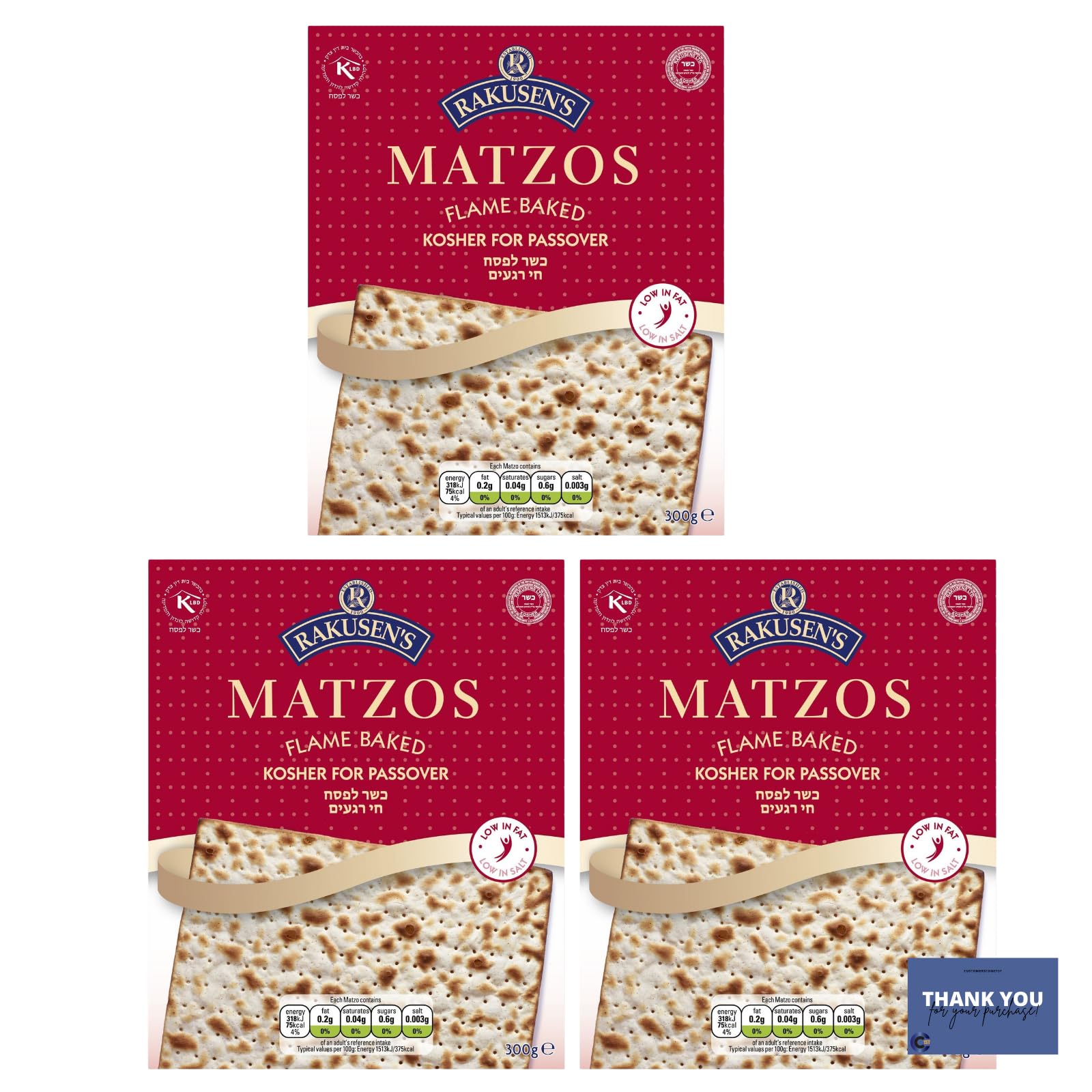 Rakusen's Flame-Baked Matzos - Crispy and Delicious (300g x 3)
