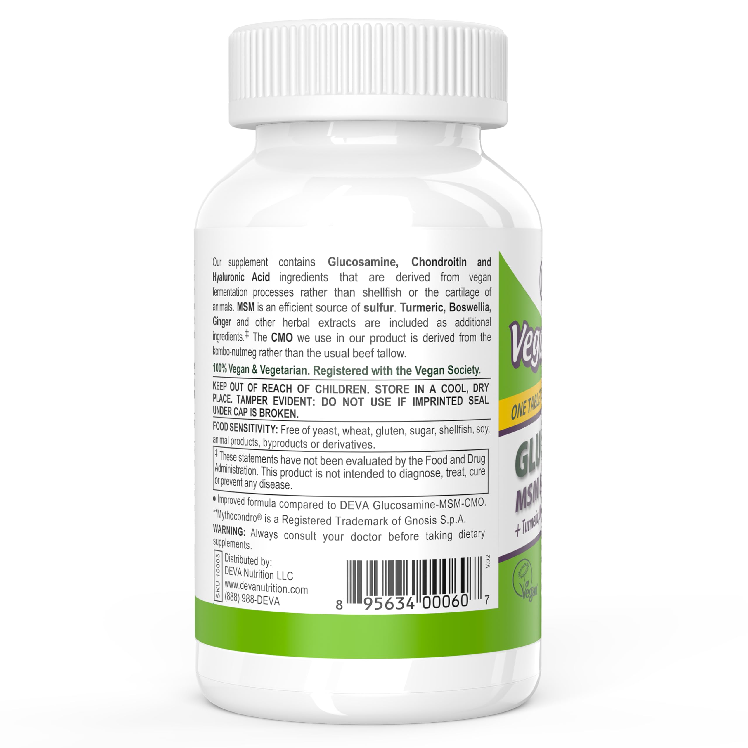 DEVA Vegan Glucosamine MSM & Chondroitin + Turmeric, CMO, Boswellia, Hyaluronic Acid & More, Improved Non-Animal Formula, 90 Tablets — Amazon image 3