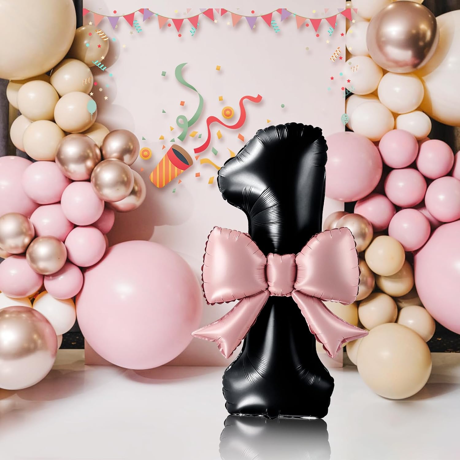 40 Inch Black Number 1 Balloon with Pink Bow, Coquette Aesthetic Foil Balloon for Birthday Decorations, 18th 21st 30th Anniversary Party Supplies, Photo Backdrop image 5