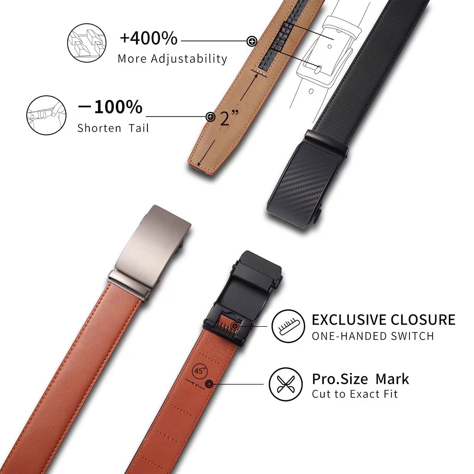 TANGCHAO Cintura Uomo, Cintura a Cricchetto da Uomo in Pelle con Fibbia Scorrevole Automatica 35mm, Trim Regolabile per Adattars