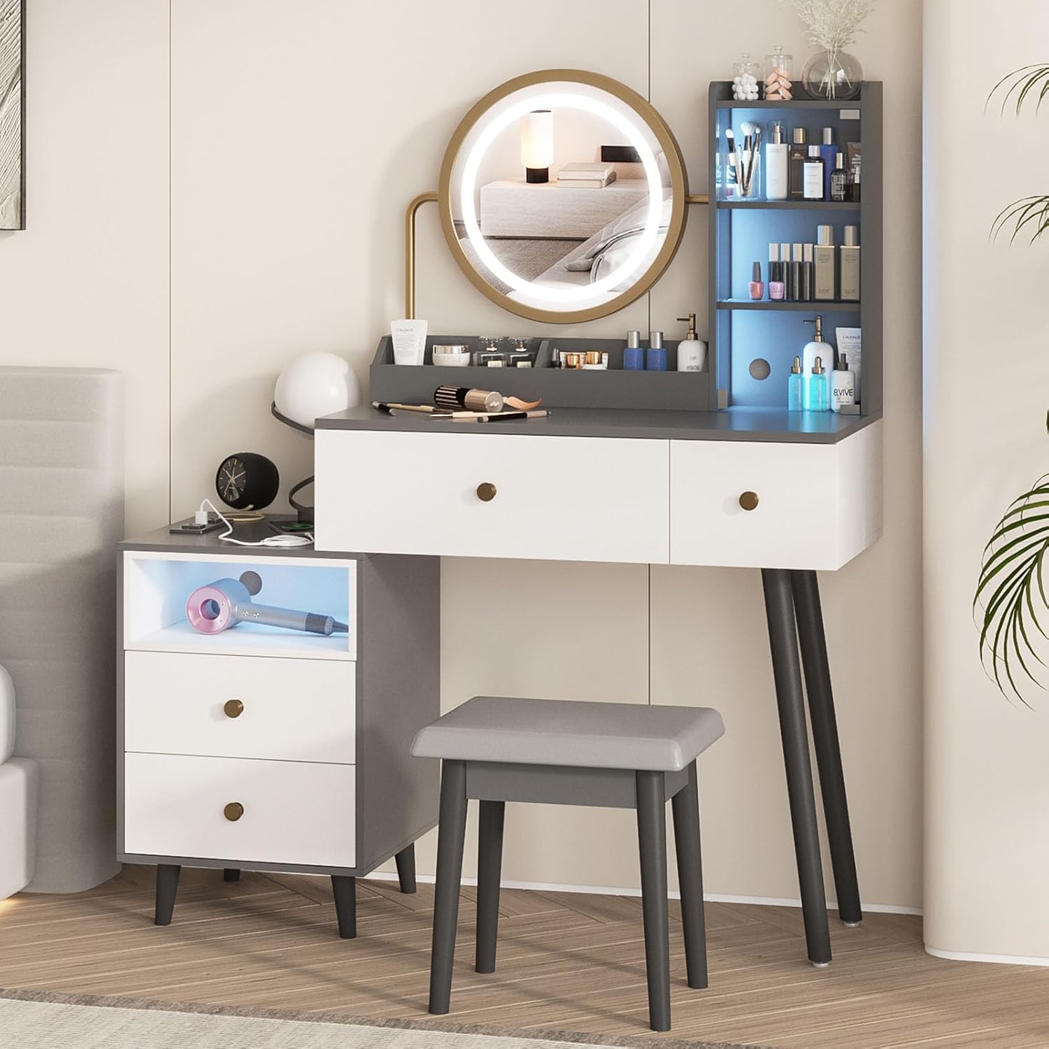 Makeup Vanity with LED Mirror, Vanity Set with Stool, Charging Station & 4 Drawers, Modern Makeup Table Colorful Light Desk, Black and White for Bedroom