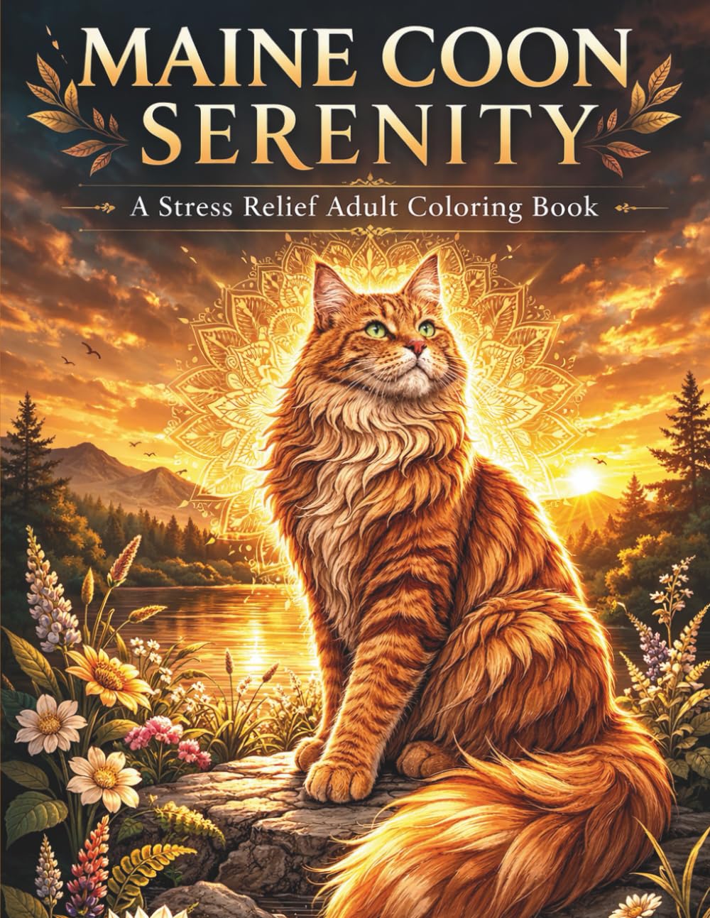 Maine Coon Serenity: A Stress Relief Adult Coloring Book with Relaxing Nature Scenes and Decorative Botanical Designs