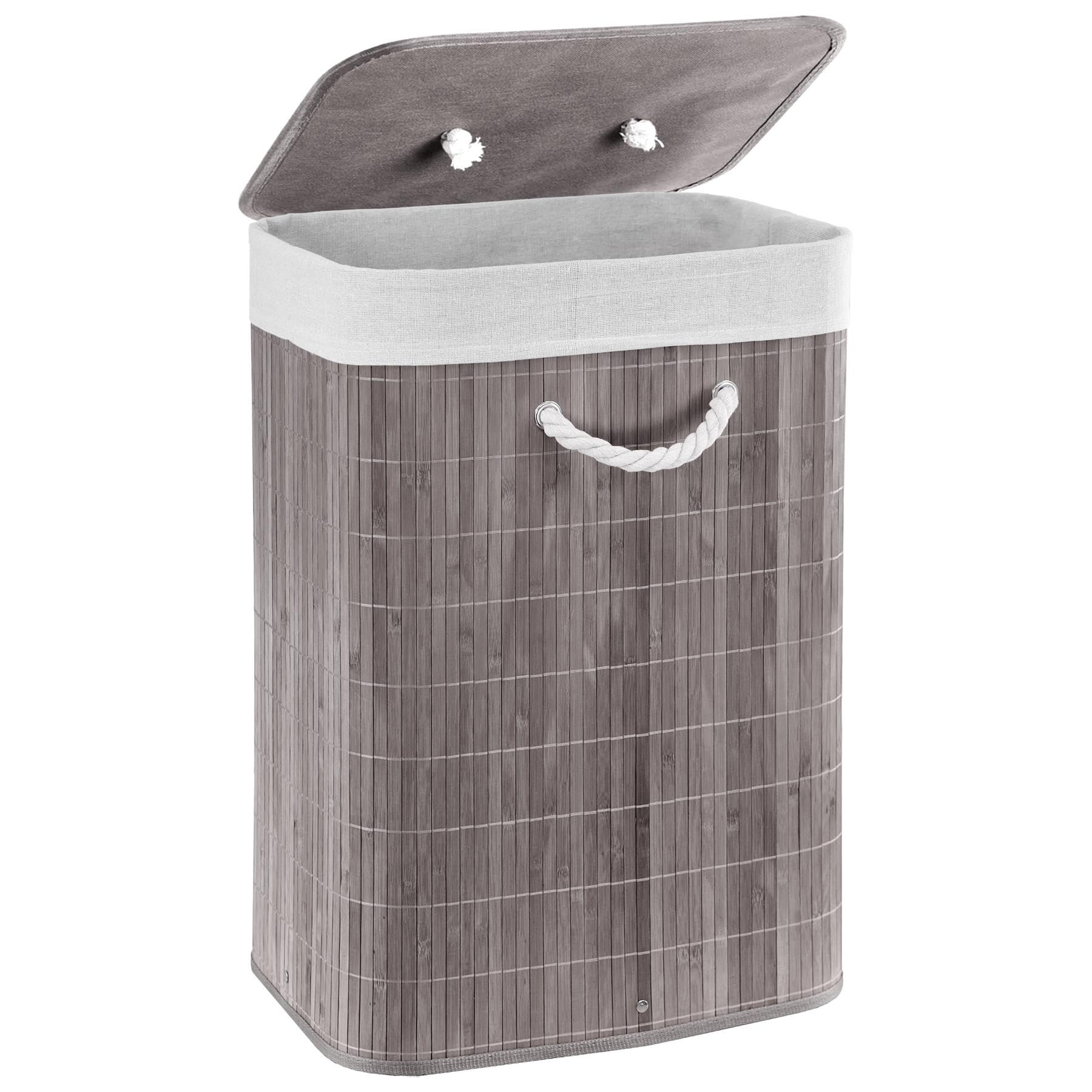 GEEZY Bamboo Laundry Hamper with Lid 72L, Grey - Foldable Laundry Basket, Removable Fabric Liner Bag, Sturdy Rope Handles - Collapsible Washing Bin for Bedrooms, Bathrooms, Dirty Clothes Storage