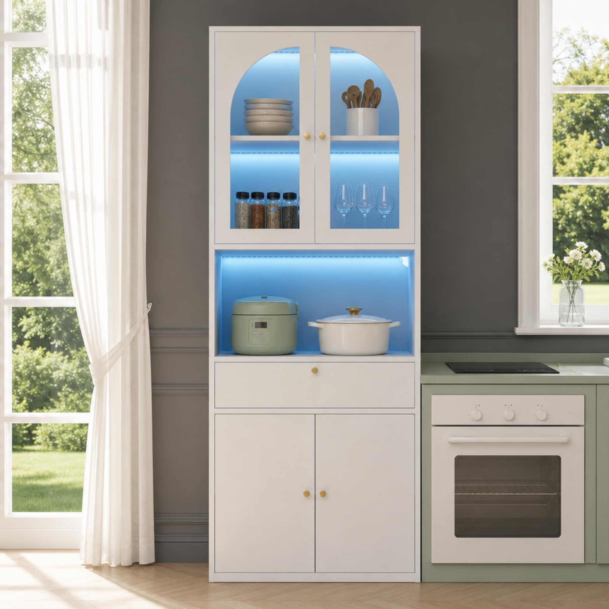 Vitrina de cristal, estantería, armario de oficina, armario de figura, armario alto, armario de cocina, con tiras LED RGB multicolor regulables, controlable mediante aplicación para smartphone, color