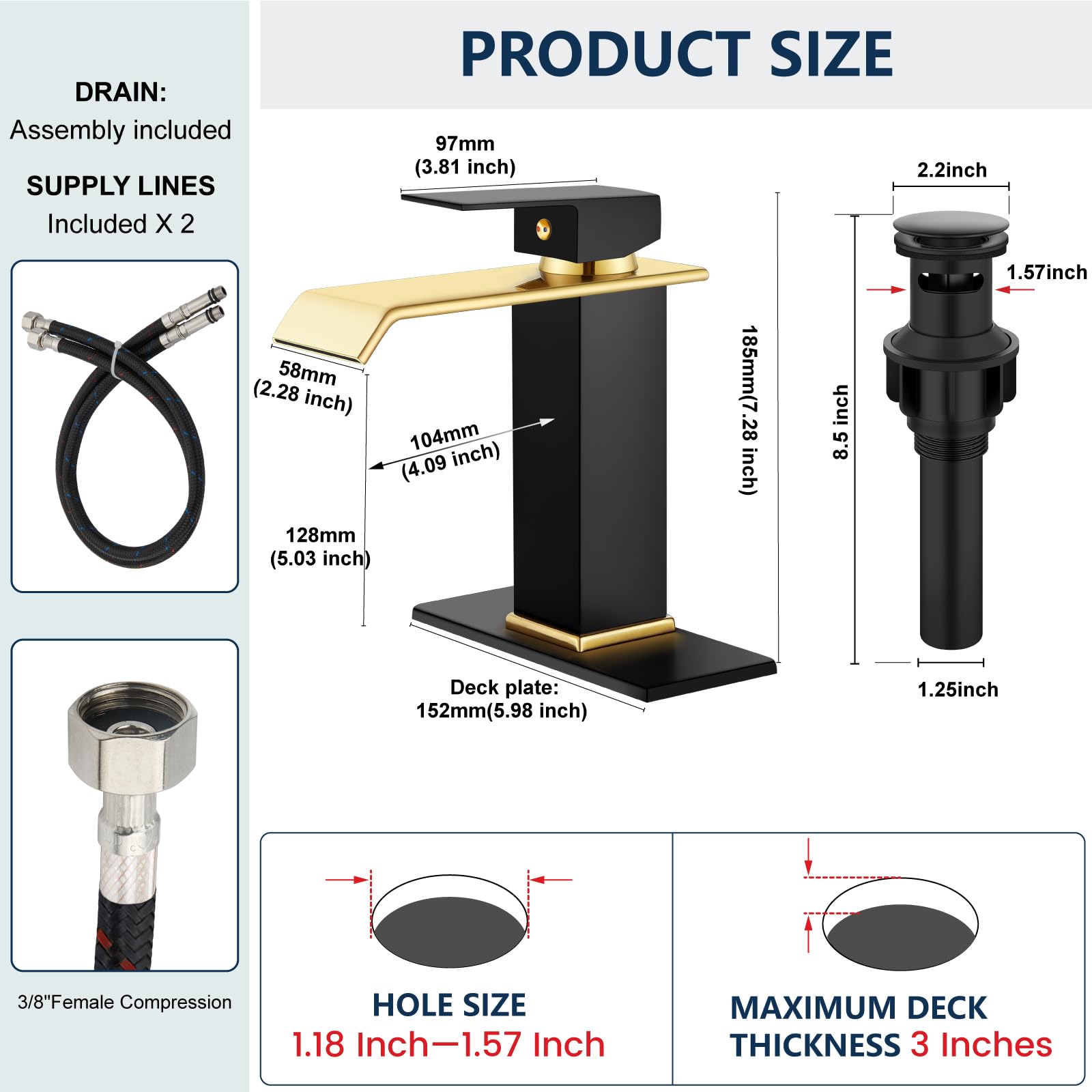 Rubinetto da bagno a cascata, rubinetto monocomando a 1 foro per lavabo, moderno, per camper, bagno, toilette, con scarico a scomparsa e tubi di alimentazione dell'acqua, nero opaco e oro lucido