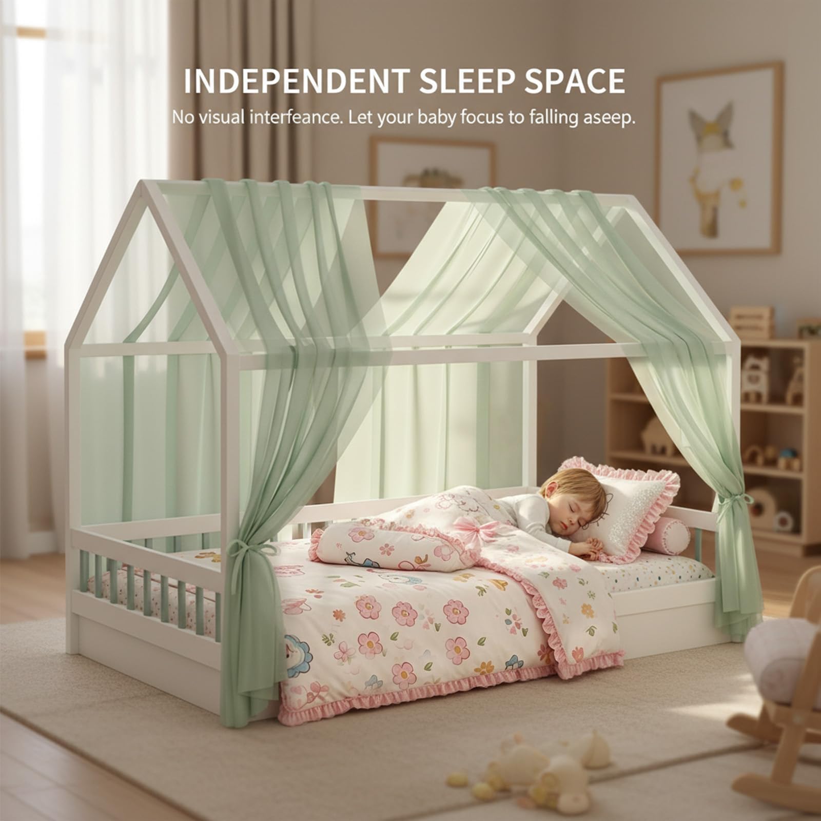 MeYuxg Lot de 2 Baldaquins de Lit de Maison pour Décoration de Lit de Maison, 150 x 350CM Anti-Moustiques Ciel de Lits en Coton Bio, Rideau de Lits Respirant en Mousseline pour Enfant (Vert)