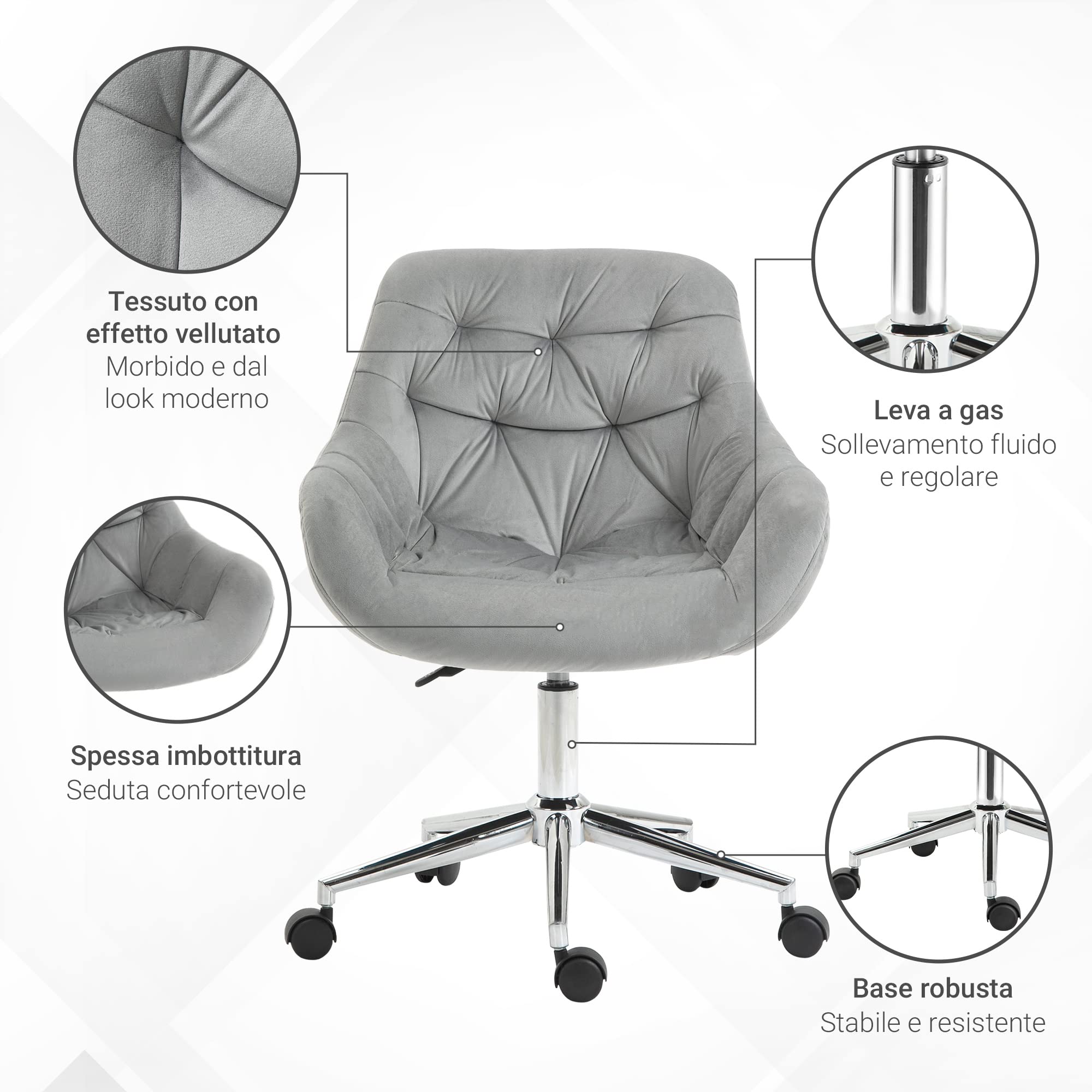 Vinsetto Sedia da Ufficio con Altezza Regolabile 59x58x80-90cm Grigio
