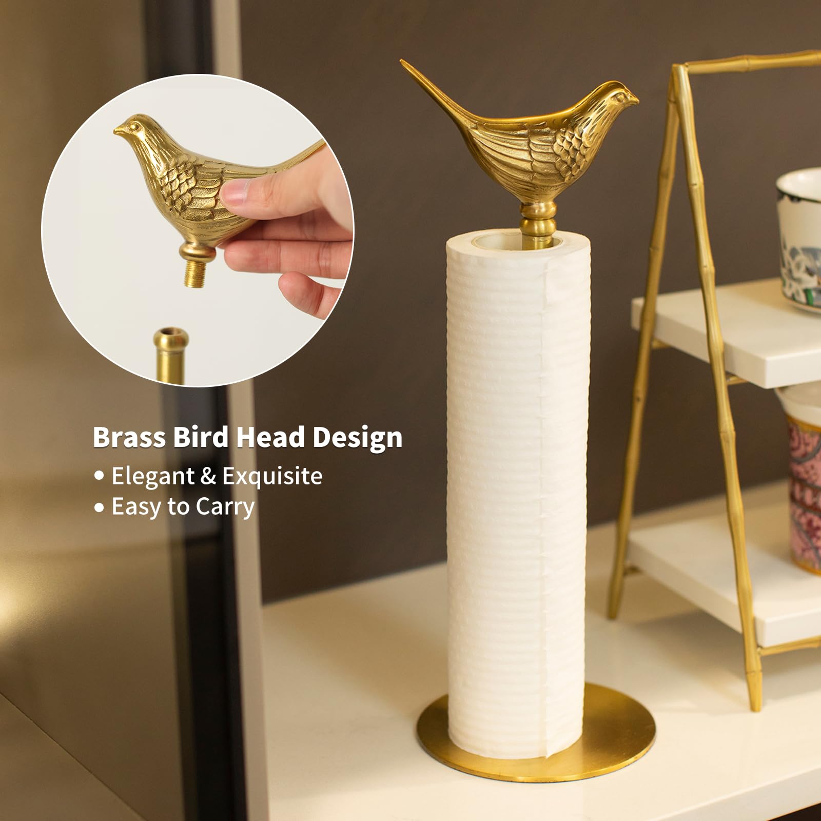 Lujoso soporte de toalla de papel dorado para encimera, soporte de toalla de papel de latón para cocina, decoración única de pájaros dorados, resistente, duradero y elegante decoración del hogar para 5