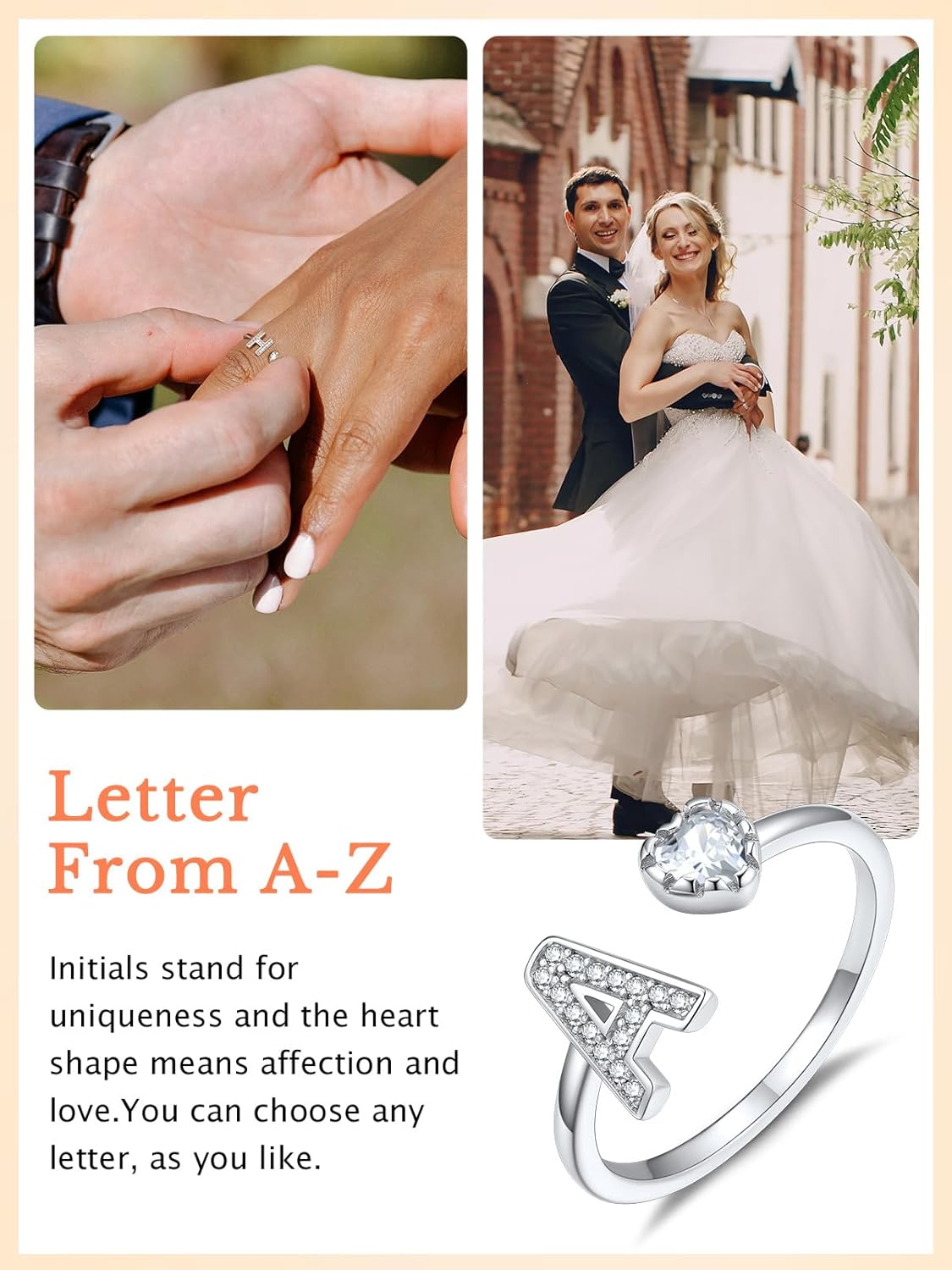 Silvora 925 Silver Heart-shaped 4MM White CZ Initial Ring Letter B Adjustable Open Ring Dainty Letter Ring