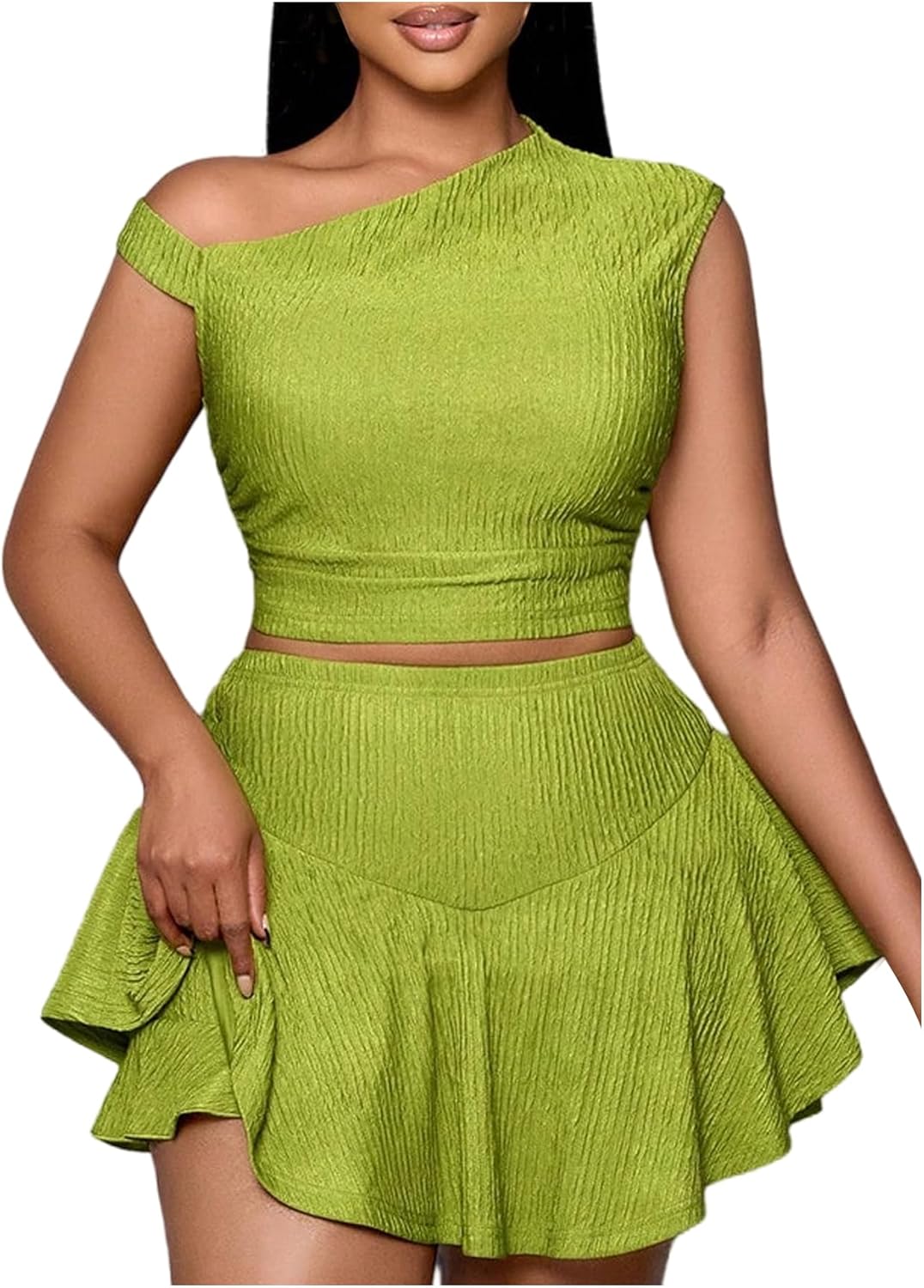 WDIRARA Women's Plus Size 2 Piece Outfits Textured Off Shoulder Tops Ruffle Layered Mini Skirts Set