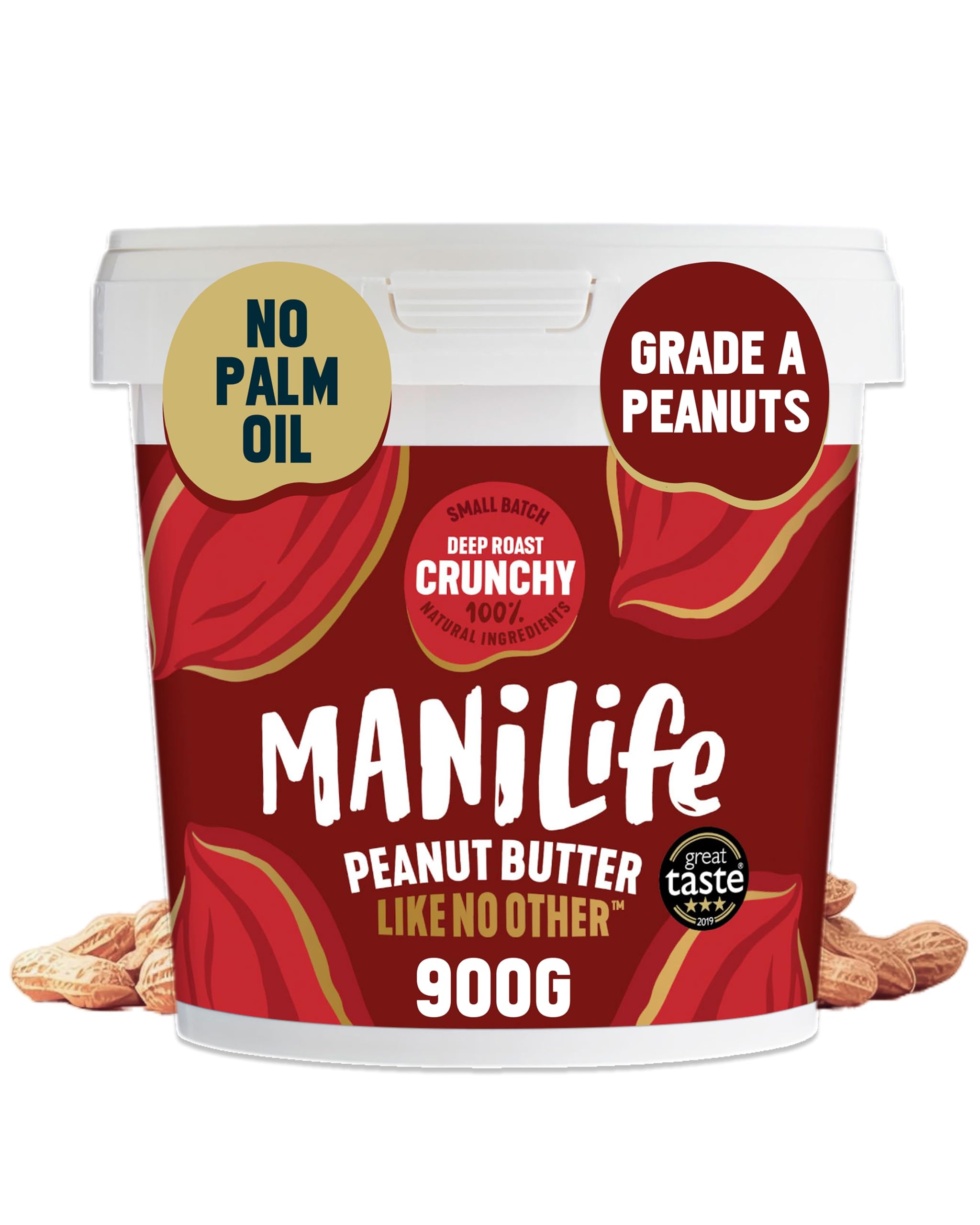 ManiLife Crunchy Erdnussbutter 900g, Deep Roast | Protein, Ohne Zuckerzusatz & Ohne Palmöl | Peanut Butter aus Single Origin Argentinischen Erdnüssen Hergestellt (Verpackung Kann Variieren)