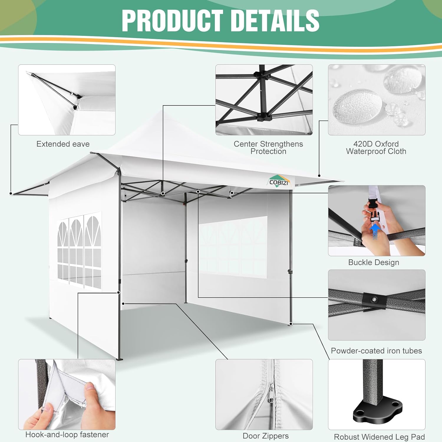 COBIZI 13x13 Heavy Duty Pop Up Canopy with 4 Sidewalls, Commercial Outdoor Party Tent with 4 SandBags for Events, Parties and BBQs, All Season Waterproof & Height Adjustable, White