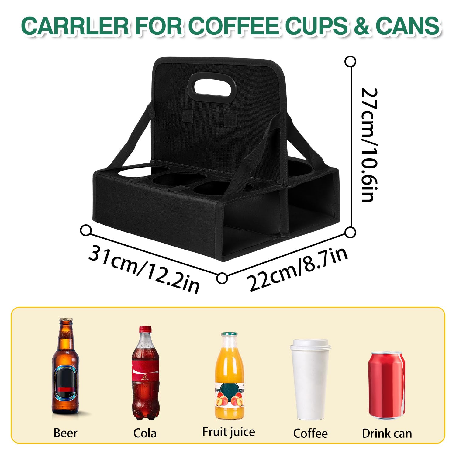 Reusable Cup Carriers for Drinks, 6 Cup Portable Drink Carrier, Drink Carrier with Handle, Drink Holder for Hot and Cold Beverages Such as Coffee, Wine, Milk Tea, Etc, Black