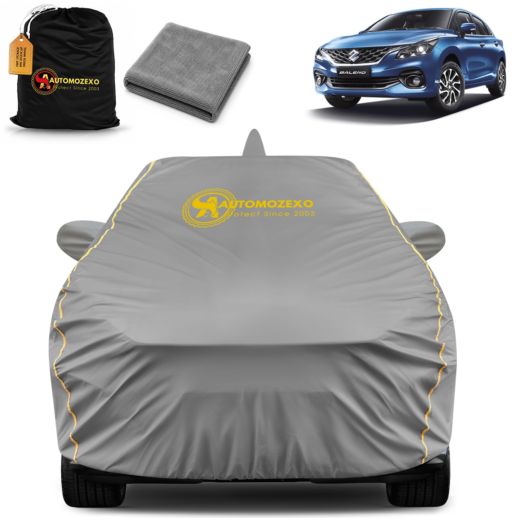 AUTOMOZEXO Maruti Suzuki Baleno 100% Waterproof Car Cover for All Weather Protection with Mirror & Antena Pocket Inner Cotton Triple Stitched Adjustable Belt Bottom Elastic Cover to Secure Fit -Grey-picture-11