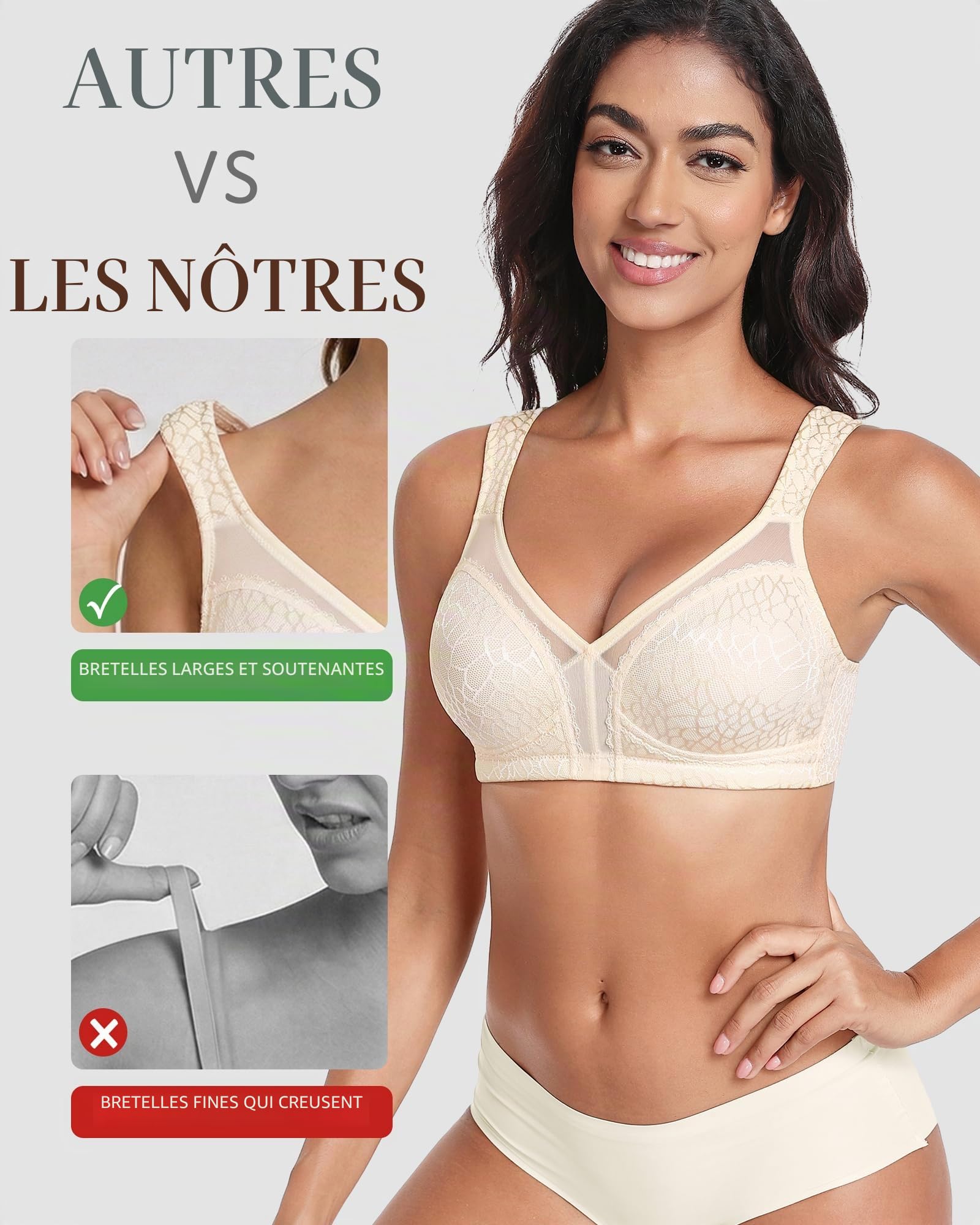Lemorosy Soutien-Gorge Minimiseur Femme sans Armature(Beige,90E) | Grandes Tailles Confort Bonnets emboîtants Sans rembourrage Bretelles larges Pour un usage quotidien