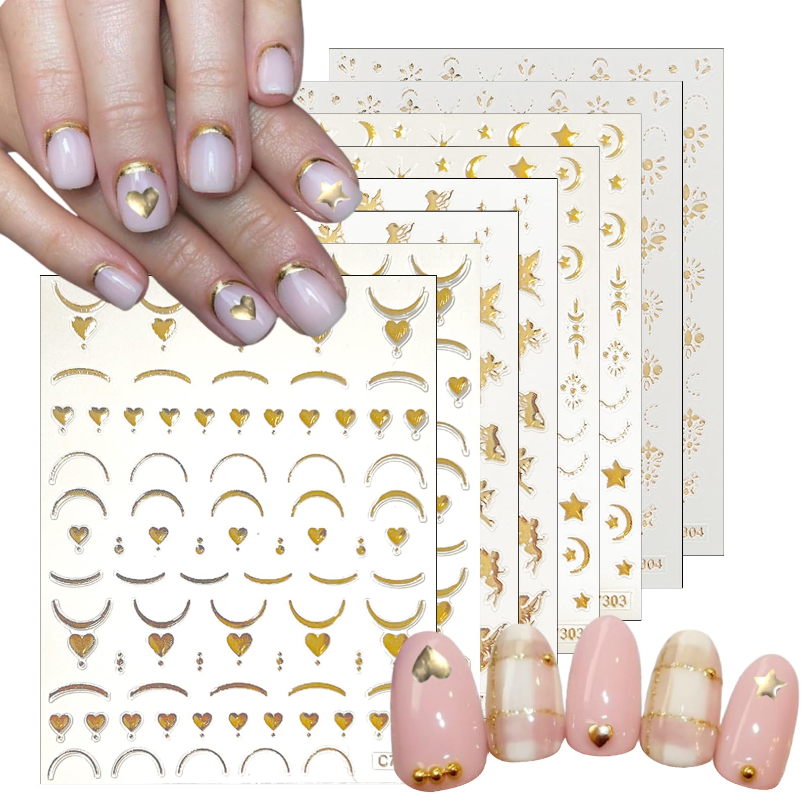 8Sheets Laser Gold Moon Star Nail Stickers Angel Nail Decals 3D Self-Adhesive Holographic Gold Nail Supplies Stars Moon Heart Nail Art Designs Decals for Women and Girl DIY Manicure Decorations