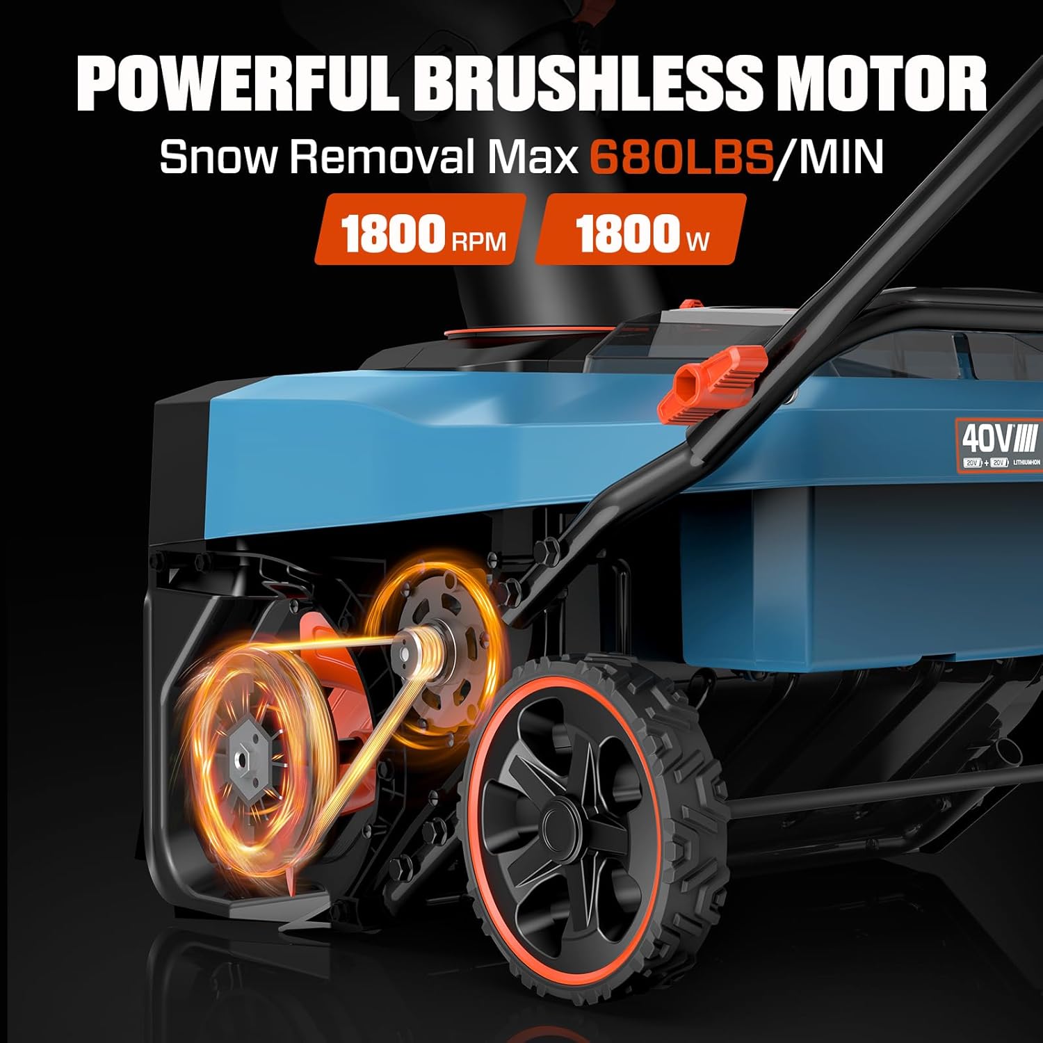 Powerful 1800W brushless motor of the SENIX snow blower, showing 1800 RPM and snow removal capacity.