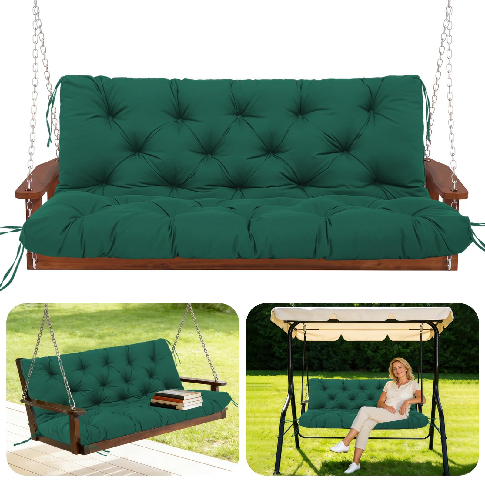 GHDM Garden Bench Cushion Thick 12cm Swing Cushions 3 Seater with Backrest and Tie 150cm Waterproof Swing Seat Cushions Replacement for Outdoor Furniture Patio Porch Lawn Backyard(Dark Green)