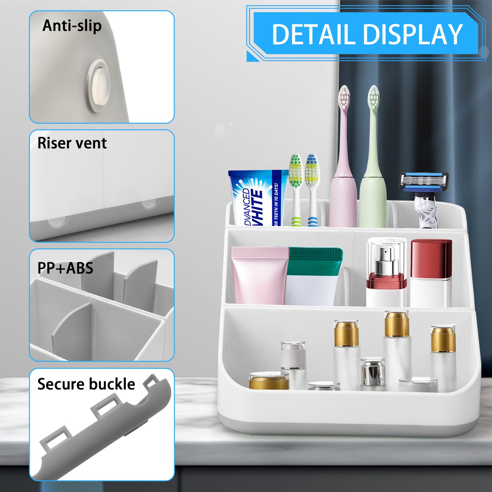 Soporte para cepillo de dientes para baño, desmontable para una fácil limpieza, organizador de almacenamiento multifuncional para encimera, 6 ranuras para cepillo de dientes eléctrico y pasta de