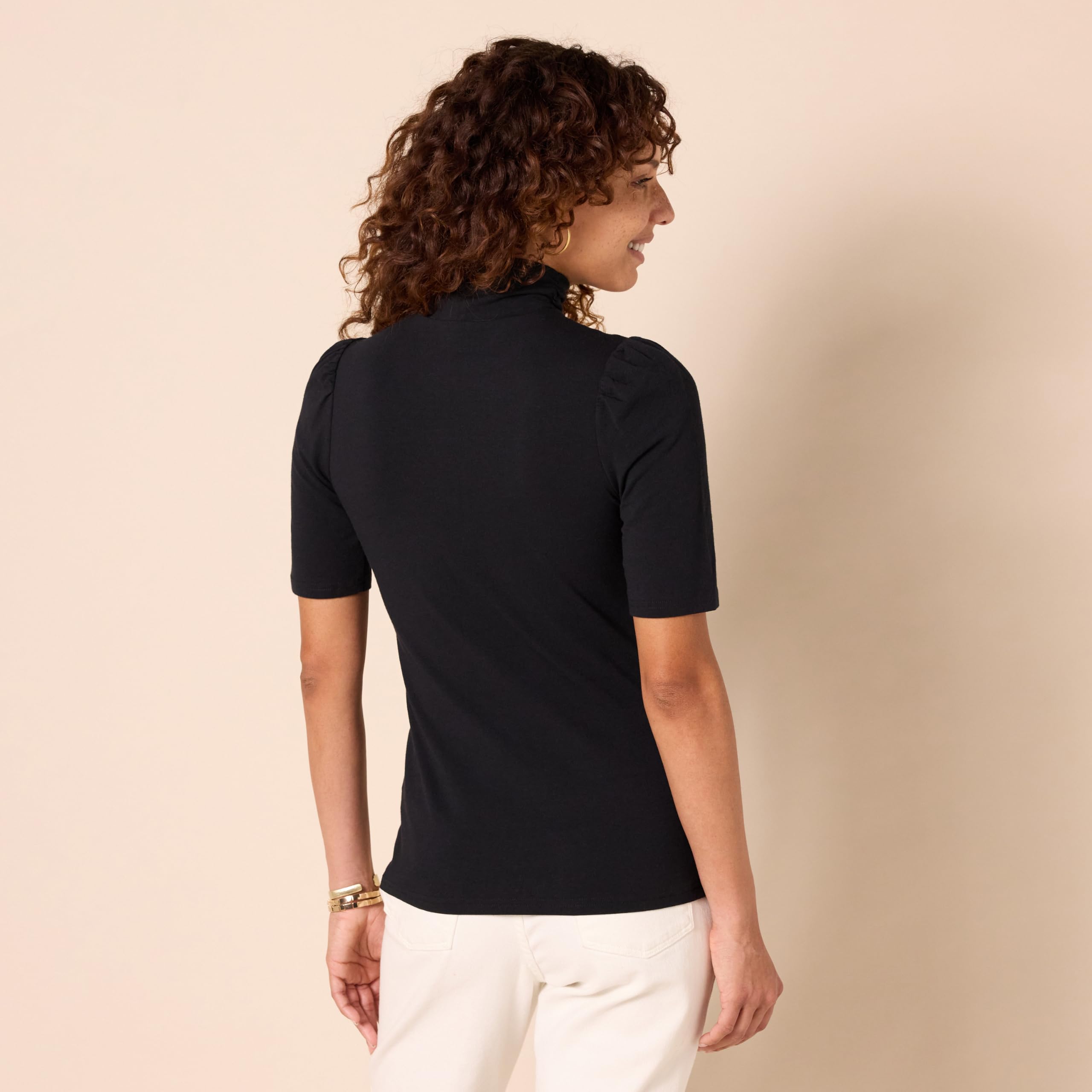 Amazon Essentials Women's Cotton Modal Draped Puff Sleeve Turtleneck