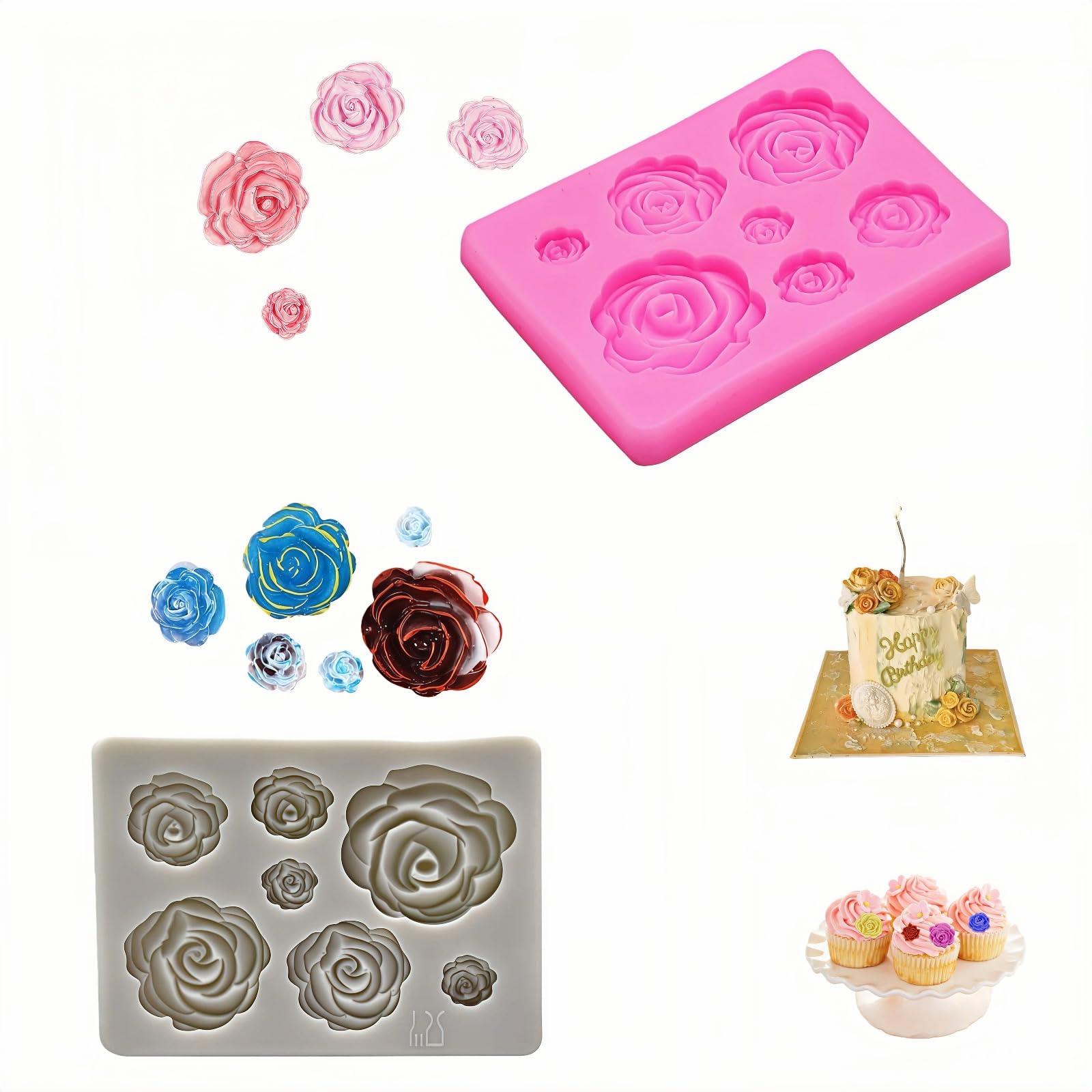 Silicone Rose Mold, 7 Cavity 3D Flower Shaped Baking Mold, Pink, Food Grade, Temperature Resistant -40°F to 520°F, Non-Stick for Cake Decorating, Chocolate, Soap, Resin Crafts