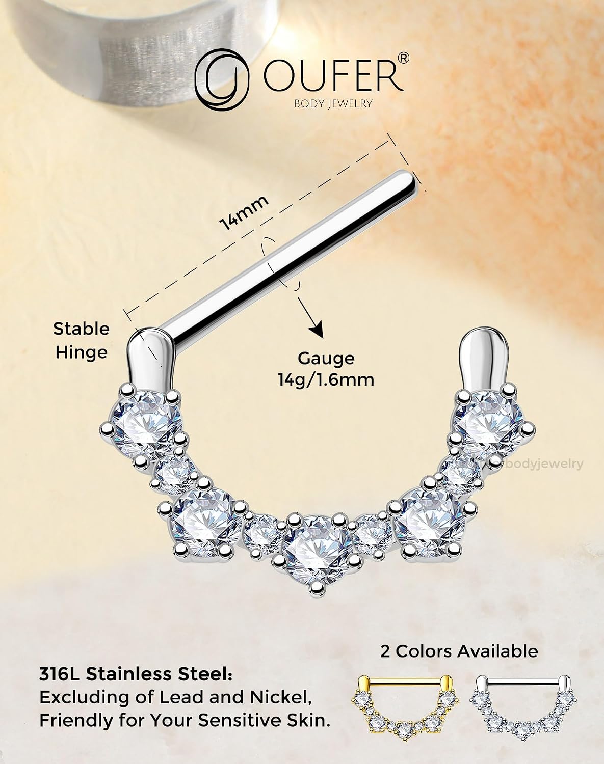 OUFER 2PCS 14G Nipple Rings, 316l Surgical Steel Nipple Piercing Jewelry, Round Clear CZ Nipple Barbells, Clicker Nipple Rings For Women- Silver/Gold