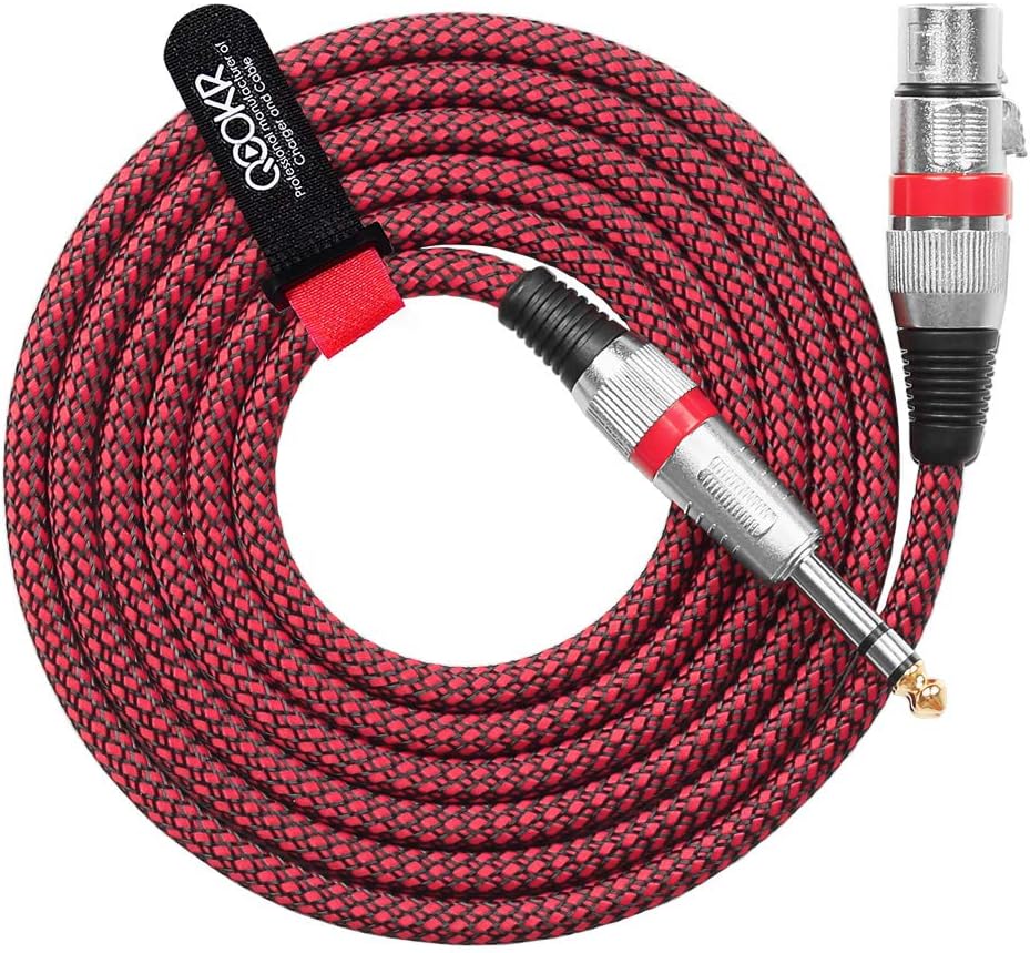 QOOKR 6.5ft 3-Pin XLR Female to 1/4" TRS Balanced Mono Audio Microphone Cable, Male to Female Tweed Cord for Mic, Mixer (2 Meter, Red)
