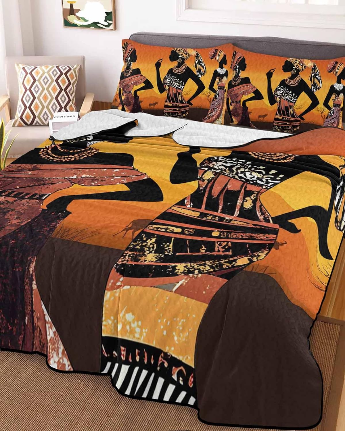 Twin XL Quilt Sets with 2 Pillow Shams, Black Orange Girls Boho Lightweight Summer Quilts Twin XL Size, Vintage Ethnic Abstract Art Bedspreads Coverlet Bedding Set 3 Pieces for All Season