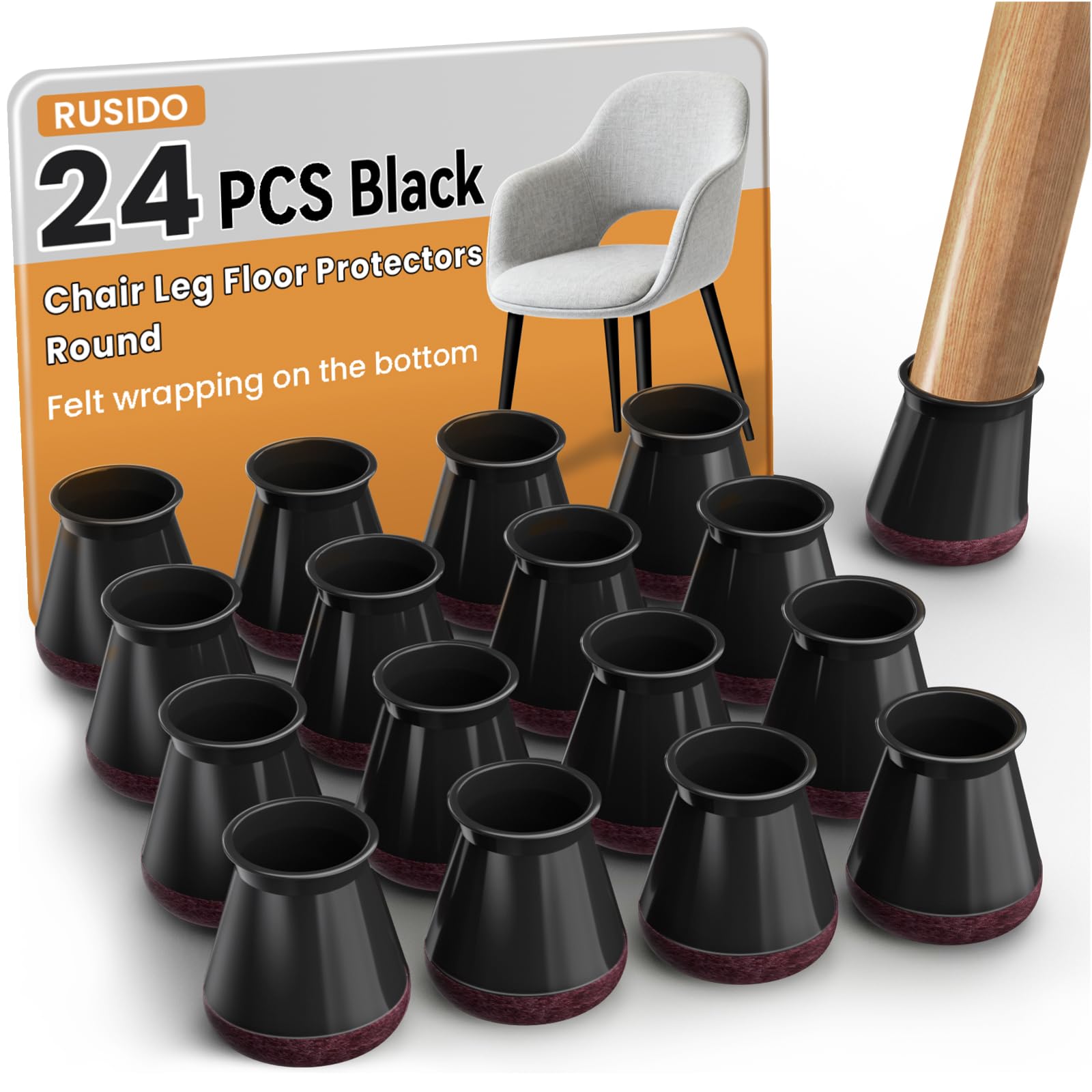 24 Chair Leg Caps Black Rubber Felt Pads for Chairs (S Fit: 14-20 mm) — image 1
