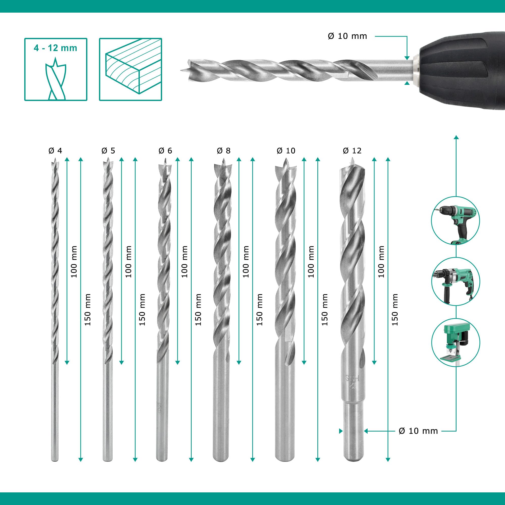 ENT 09256 Set di 6 punte per legno Ø 4, 5, 6, 8, 10 e 12 mm, lungo 150 mm, NL 100 mm, punte per legno rettificate in Acciaio a taglio rapido, per legno duro e tenero, adatte per trapani a batteria