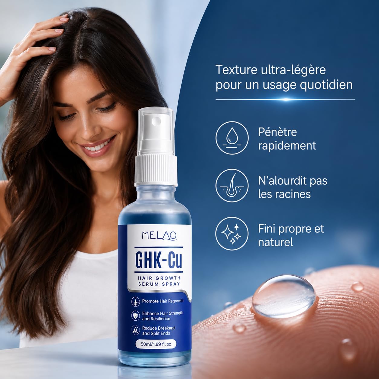 Sérum Capillaire GHK-Cu au Peptide de Cuivre, Spray Cuir Chevelu 50 ml, Soin Fortifiant et Hydratant pour Cheveux Fins, Secs ou Clairsemés