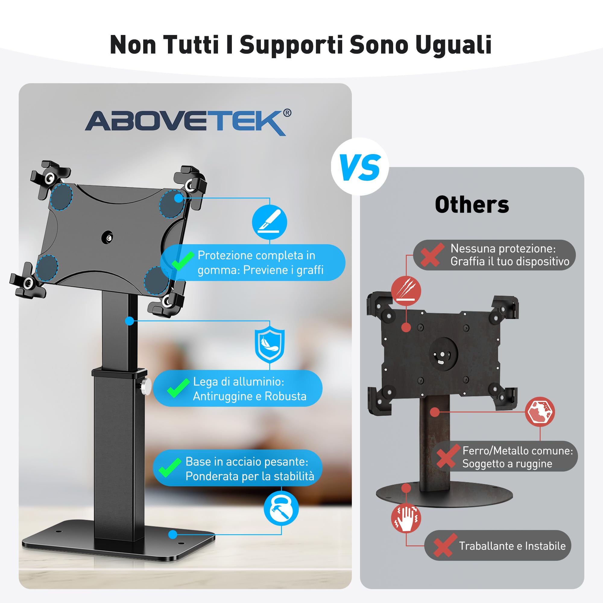 AboveTEK Supporto Chiosco Antifurto per iPad, Rotazione 360° e Altezza Regolabile 21-34 cm, Acciaio e Alluminio Resistente, per Tablet da 9.7"-13", Supporto di Sicurezza POS per Uso Commerciale-Nero