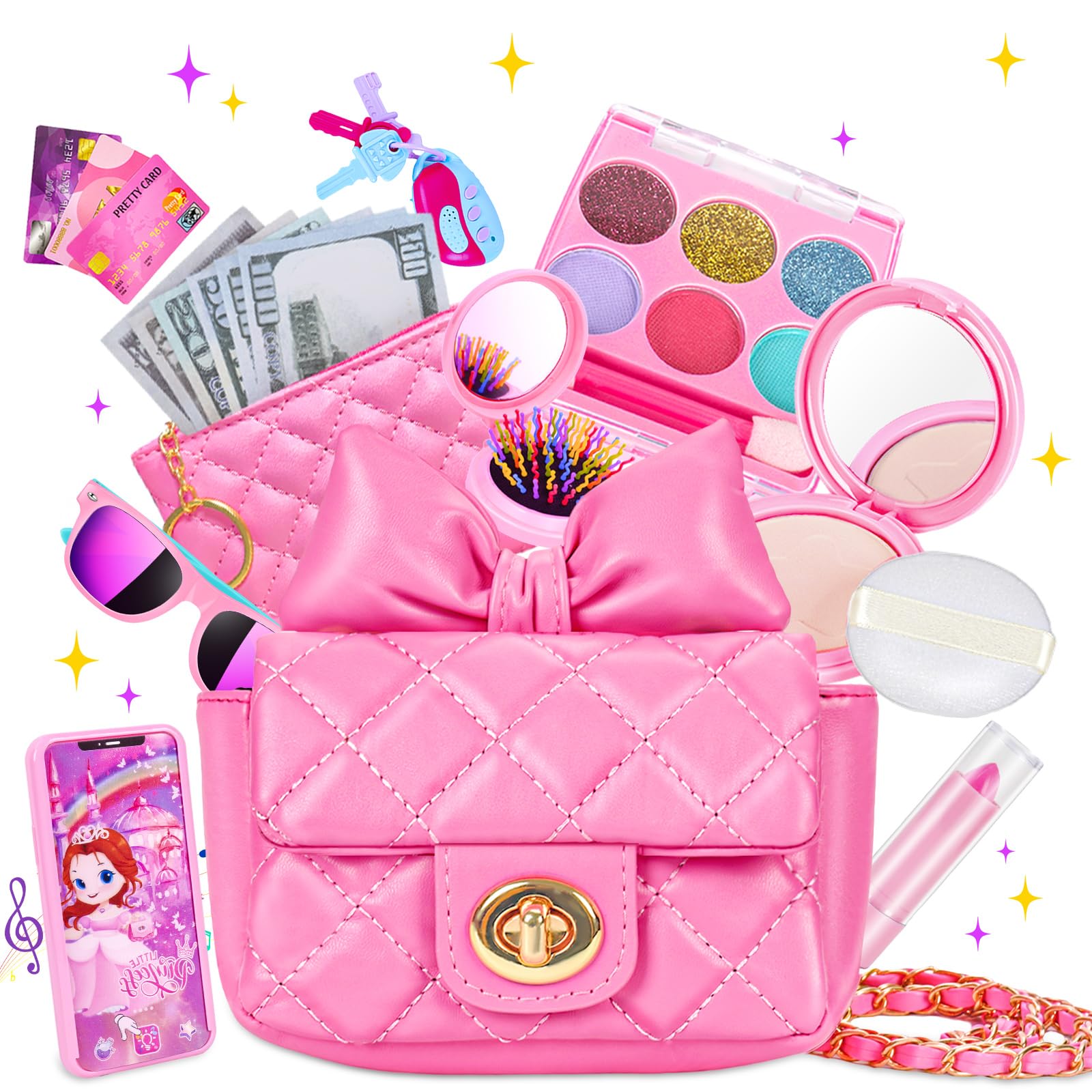Kodvinp Little Girl Purse with Kids Makeup Kit, My First Purse Set with Chain Bag and More Pretend Play Toys, Princess Toys Christmas Birthday Gifts for Toddler Girl Age 3-8 (Pink-New)