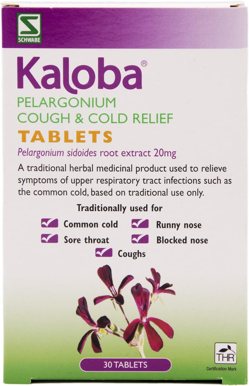 Pharma - Kaloba Cough & Cold Relief Tablets - Pelargonium Sidoides Root Extract 20mg - Traditionally Used for Common Cold, Runny Nose, Sore Throat, Blocked Nose, Coughs - 30 Tablets