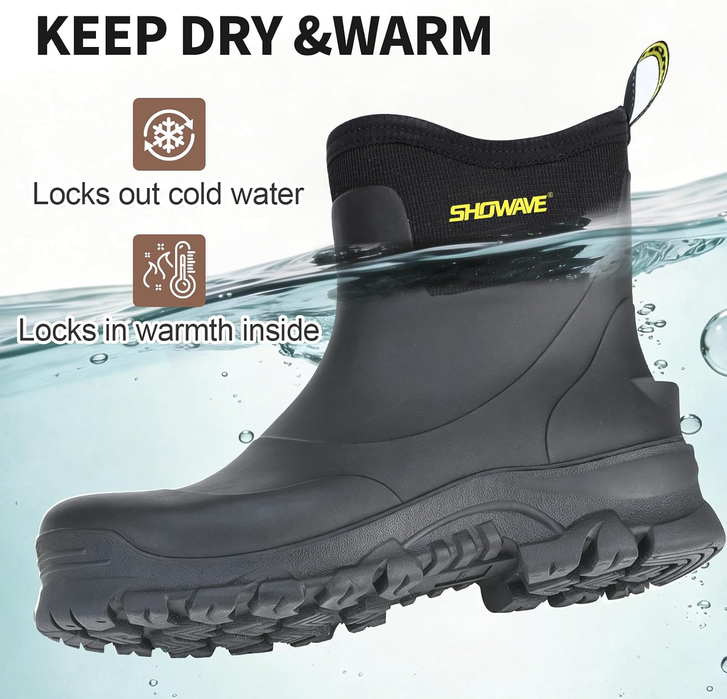 Showave Men's Rubber Boots Steel Toe Ankle Rain Boots Men Waterproof Work Boot Insulated Mud Boot for Farming Construction Fishing Outdoor
