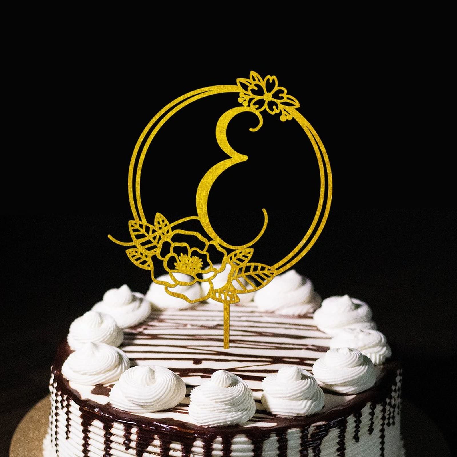 Initial E Cake Topper Monogram Name For Wedding Birthday Party Decorations Rustic Beach Reusable Bridal Shower Gifts For Children Kids Gold Leaf Personalised 26Letters A E F G J R S T