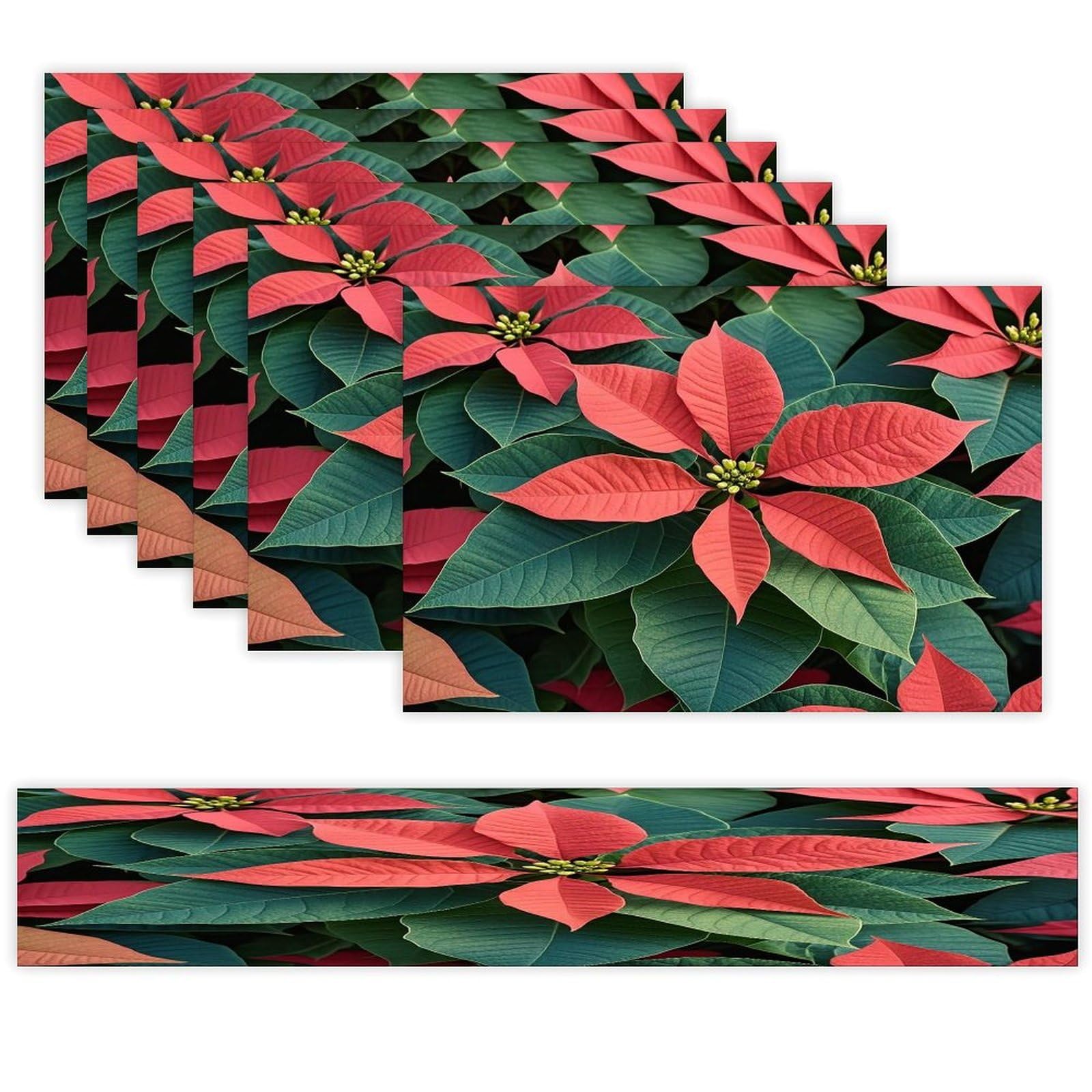 Poinsettia Table Runner and Placemats Set of 6 Heat Resistant Table Runner Place Mats Modern Cloth Table Mat Washable Linen Placemat Festive Reusable Set